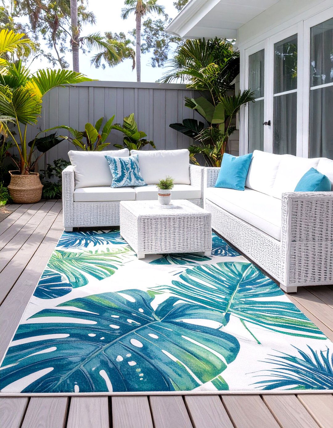 Using Outdoor Rugs with Tropical Prints - 30 tropical backyard ideas