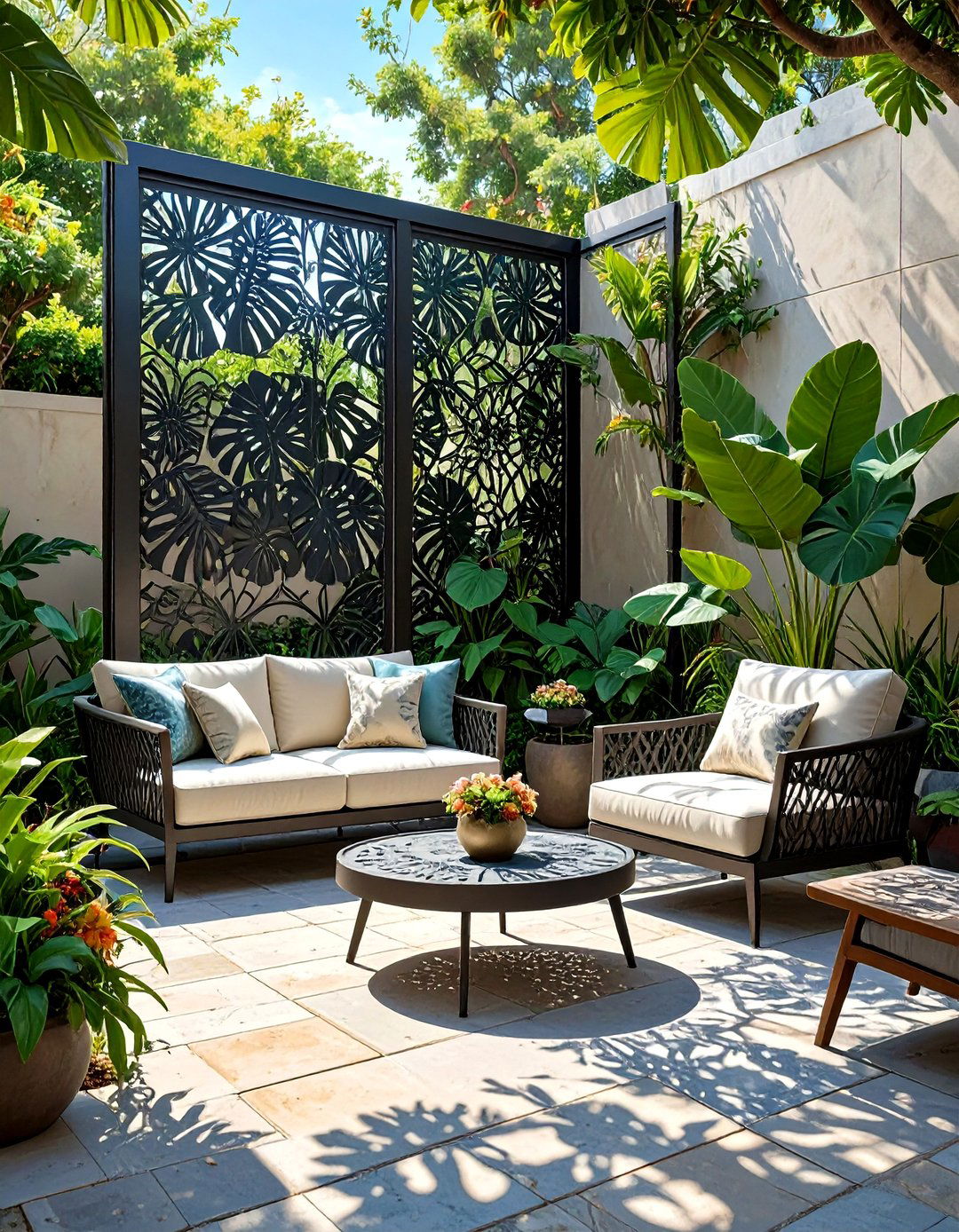 Using Privacy Screens with a Leaf Pattern - 30 tropical backyard ideas