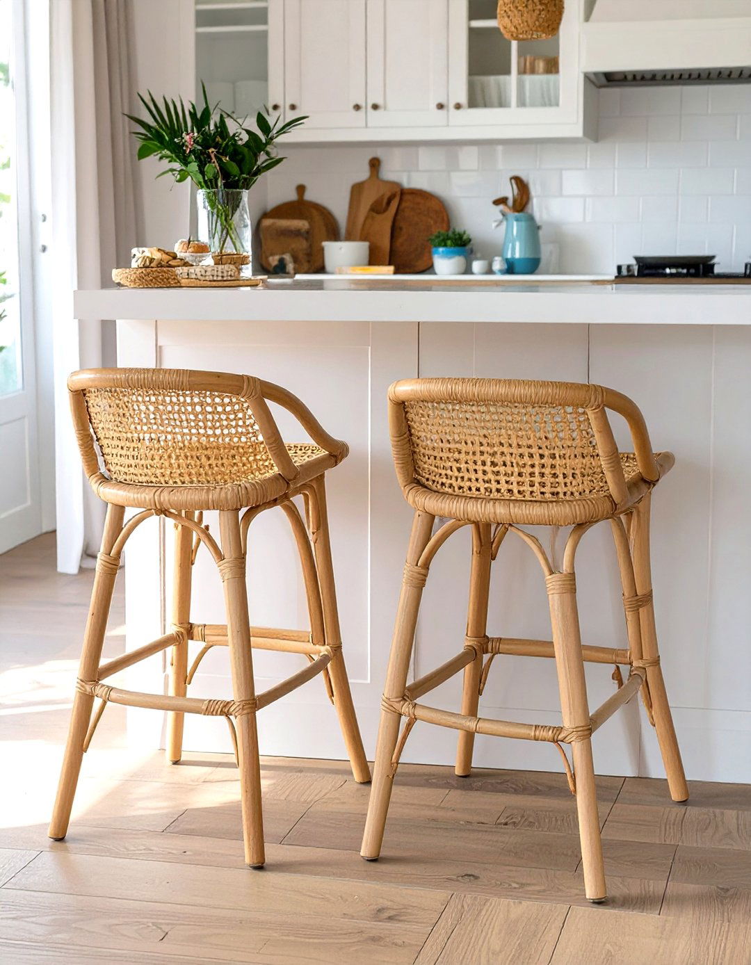 Using Rattan or Wicker Bar Stools - 30 small coastal kitchen ideas