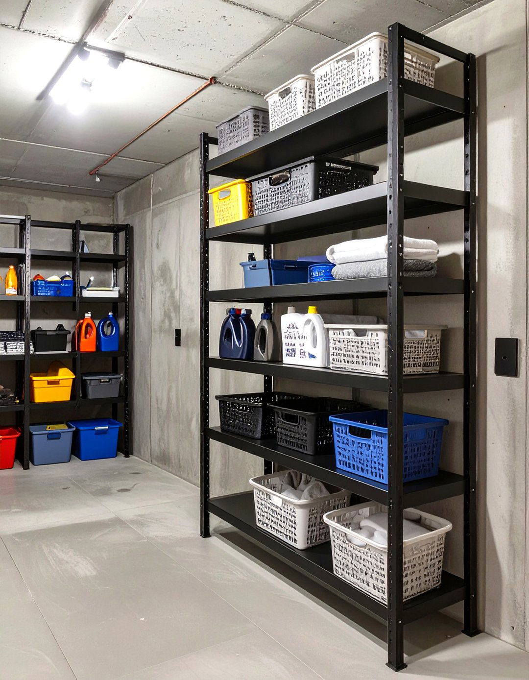 Using Vertical Space with Tall Shelving Units - 30 unfinished basement laundry room ideas