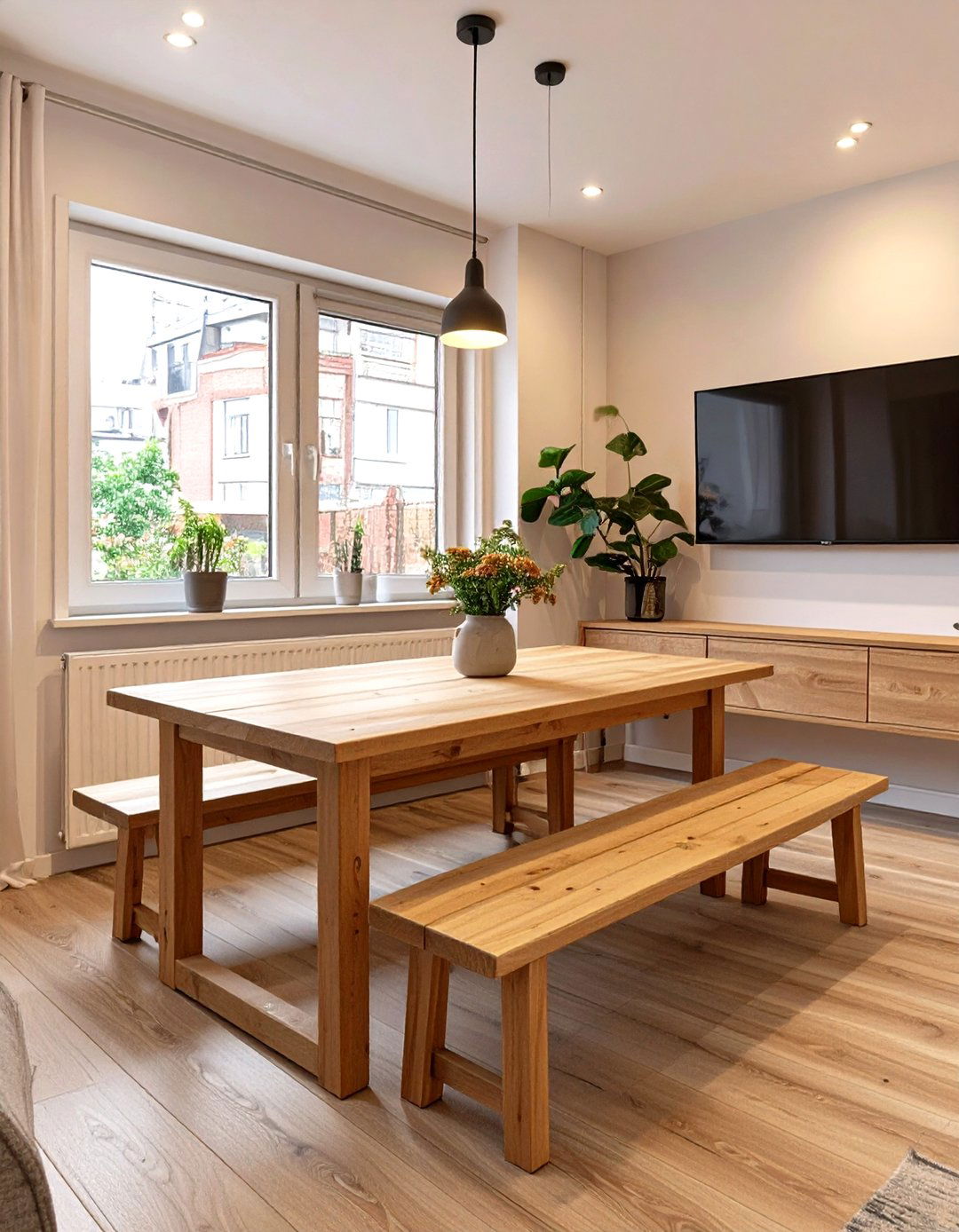 Using a Bench for Dining Seating - 30 small living room ideas with tv and dining table