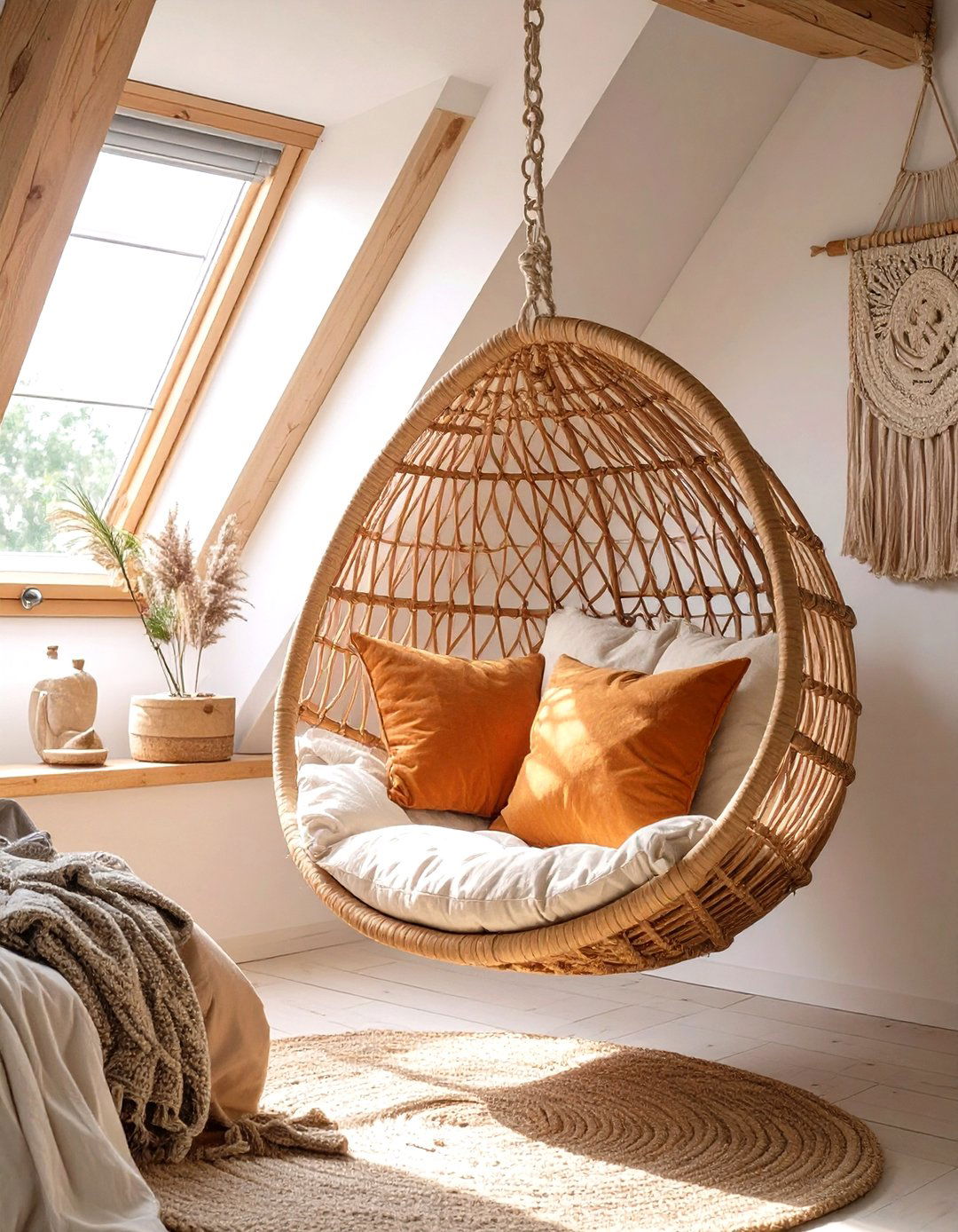 Using a Hanging Chair in a Corner - 30 small attic bedroom low sloped ceiling bedroom ideas
