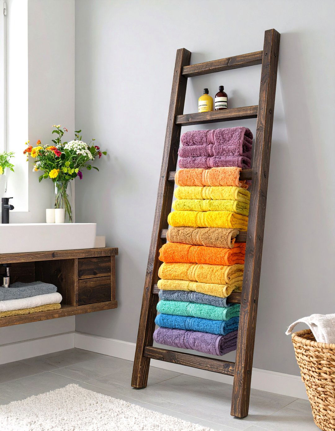 Using a Ladder for Towel Storage - 30 small bathroom inspo ideas