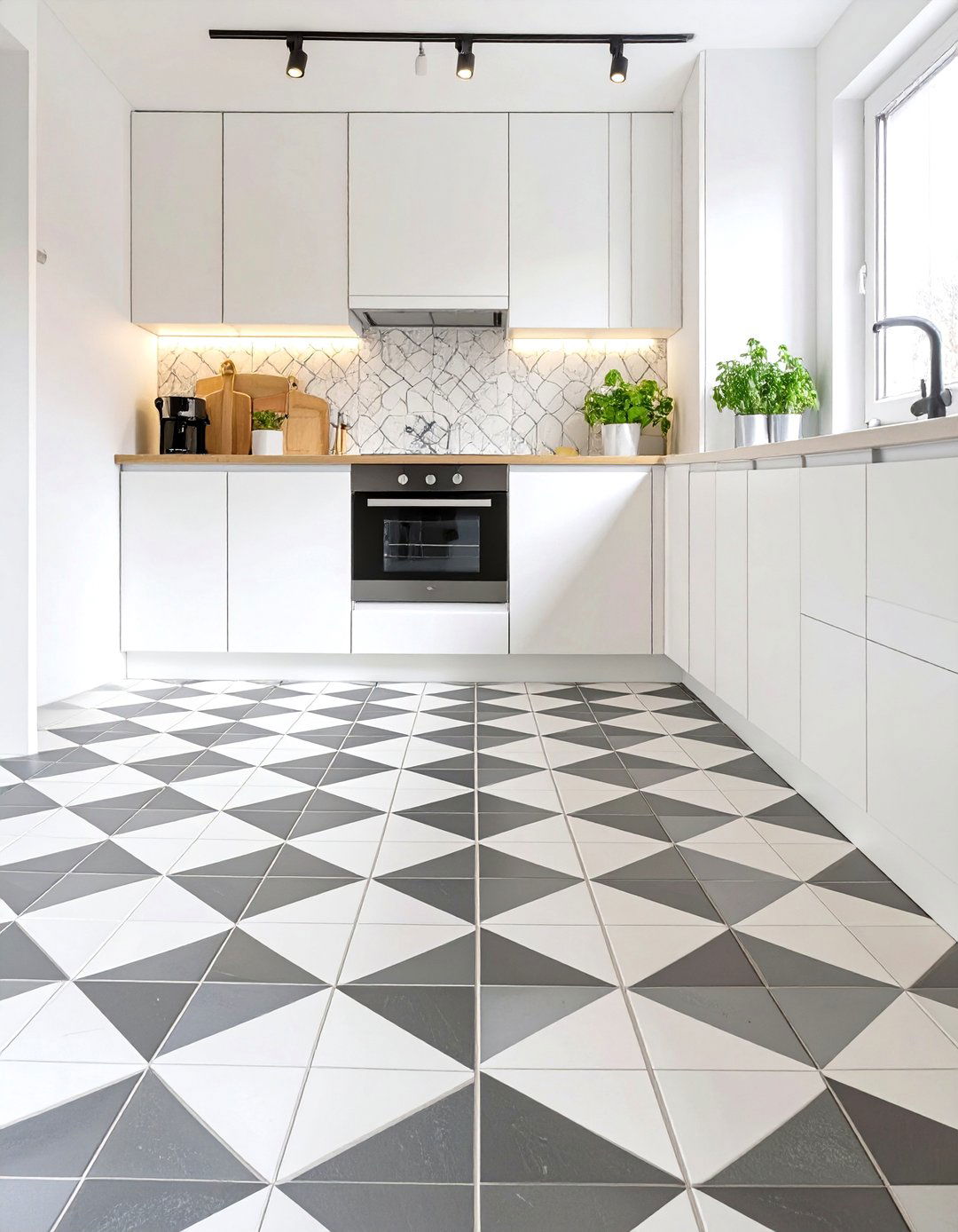 Using a Large Scale Patterned Floor - 30 small kitchen design ideas