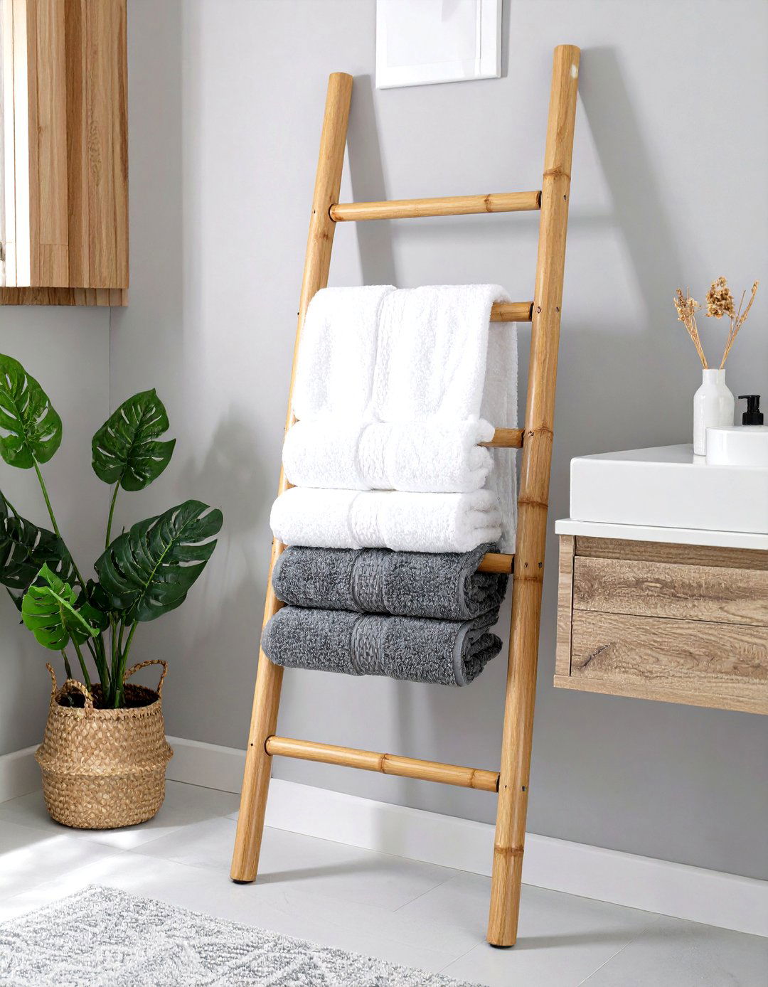 Using a Leaning Ladder for Towel Storage - 30 vanity decor ideas