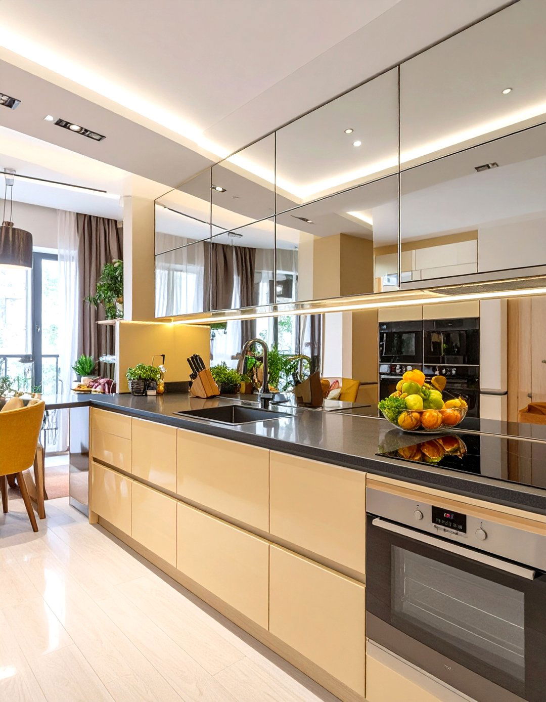 Using a Mirrored Backsplash in a Small Modular Kitchen - 30 small modular kitchen design ideas