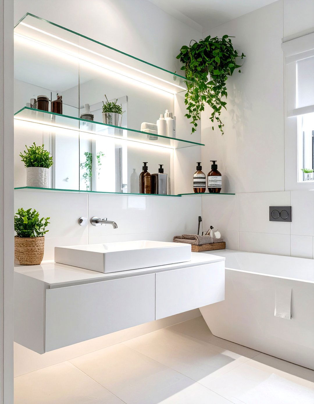 Using a Monochromatic White Art Piece - 30 small white bathroom ideas