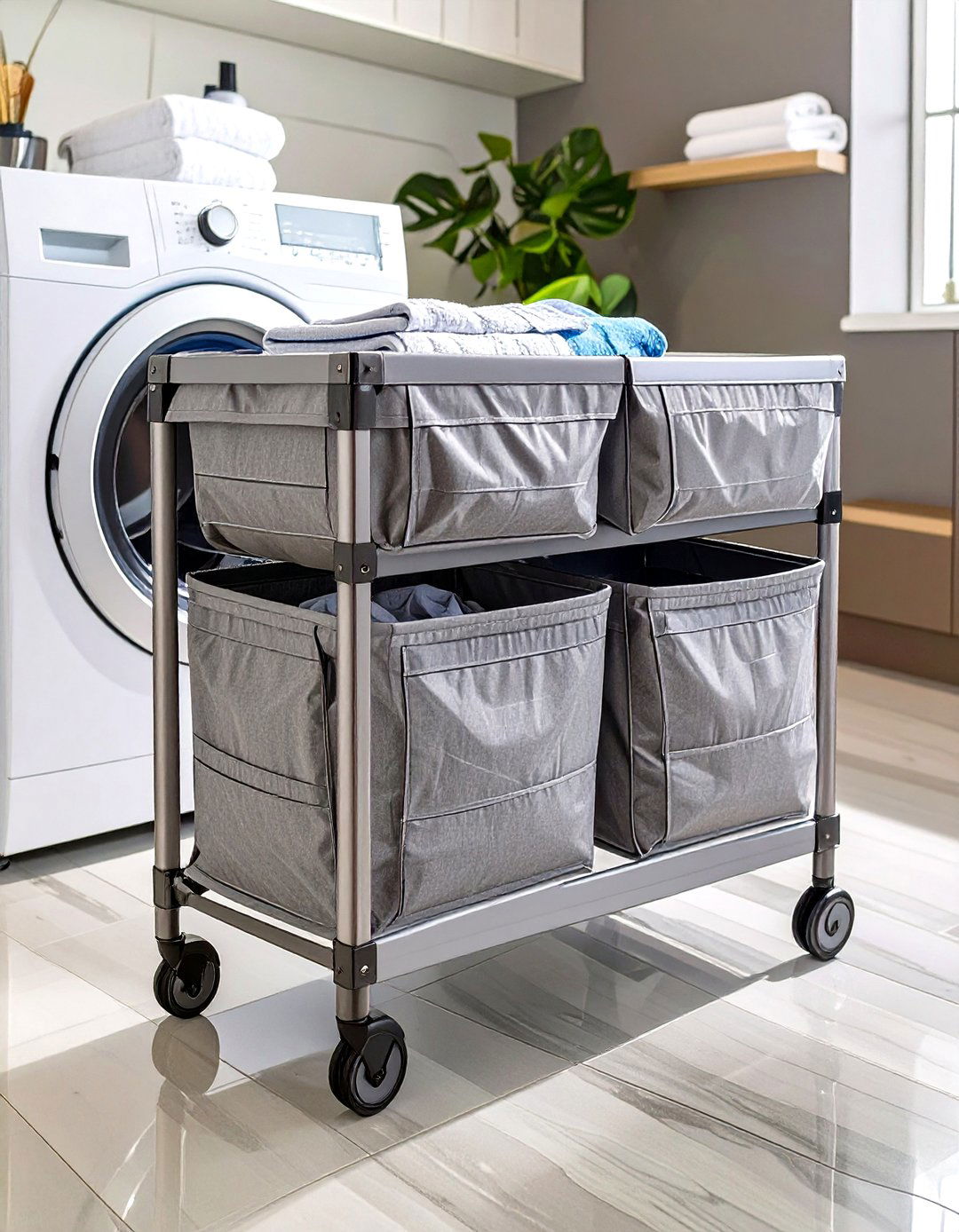 Using a Sorter Hamper on Wheels - 30 small laundry room organization ideas