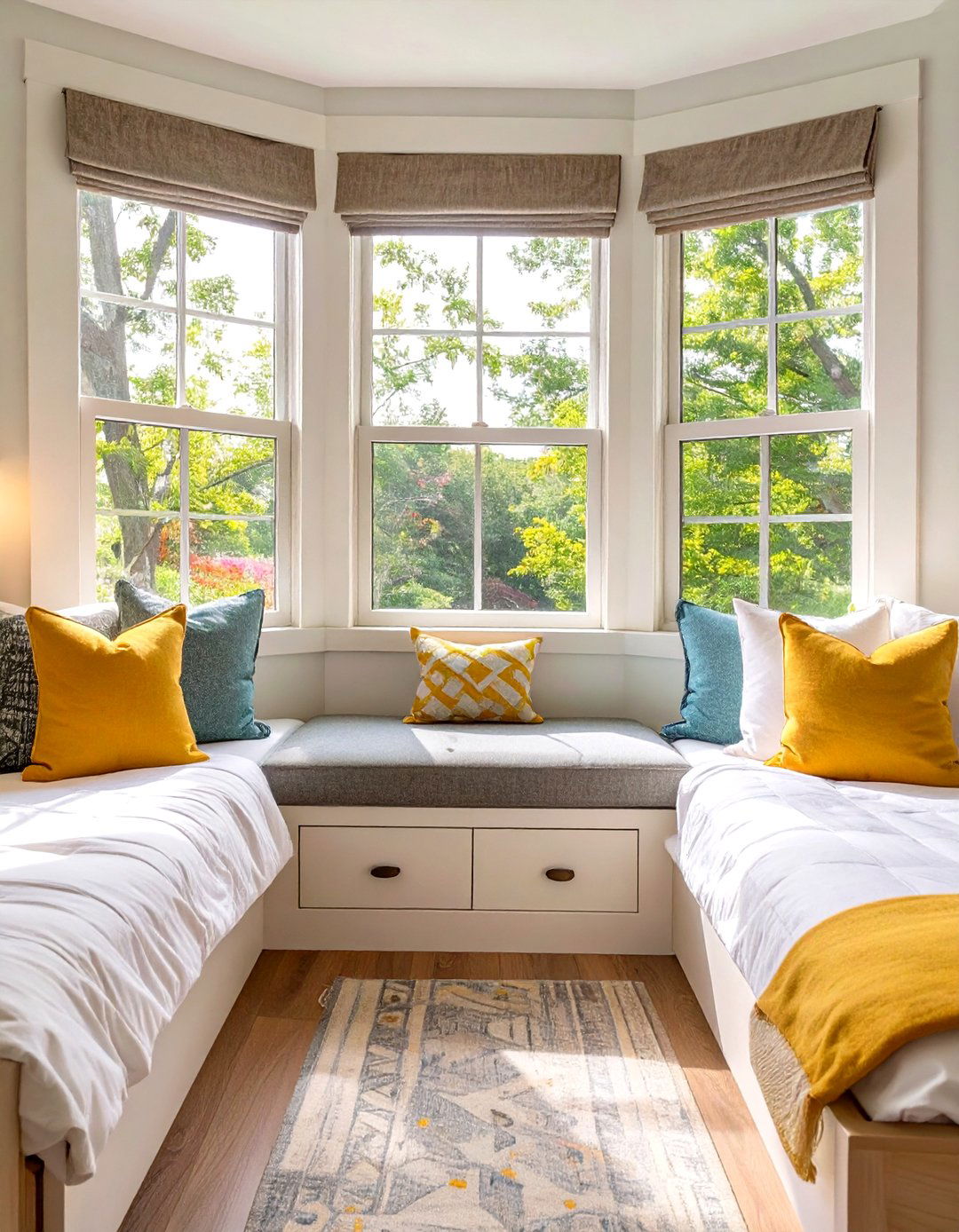 Using a Window Seat Between Beds - 30 twin bedroom ideas for small rooms