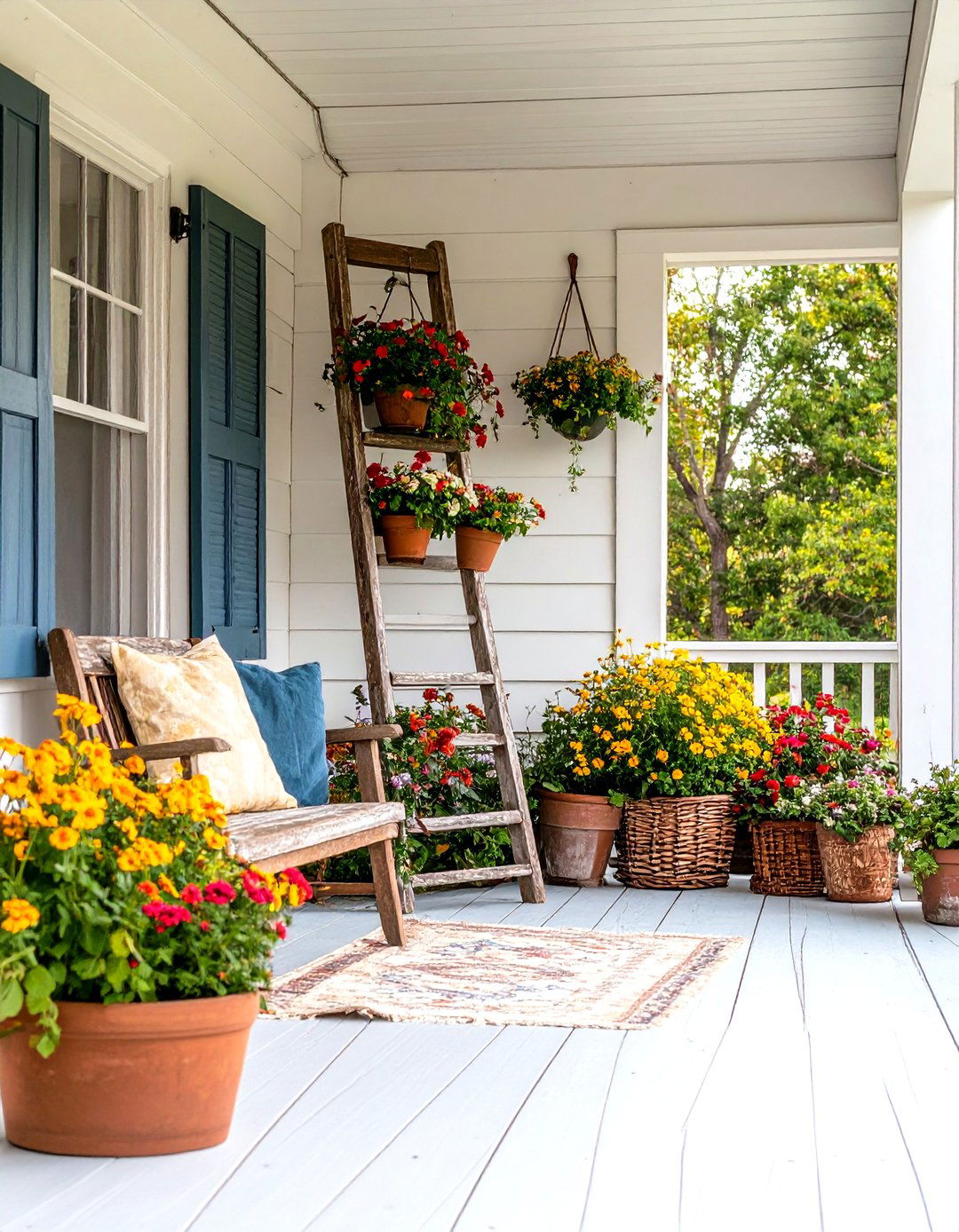 Using an Old Wooden Ladder for Vertical Display - 30 rustic front porch decorating ideas