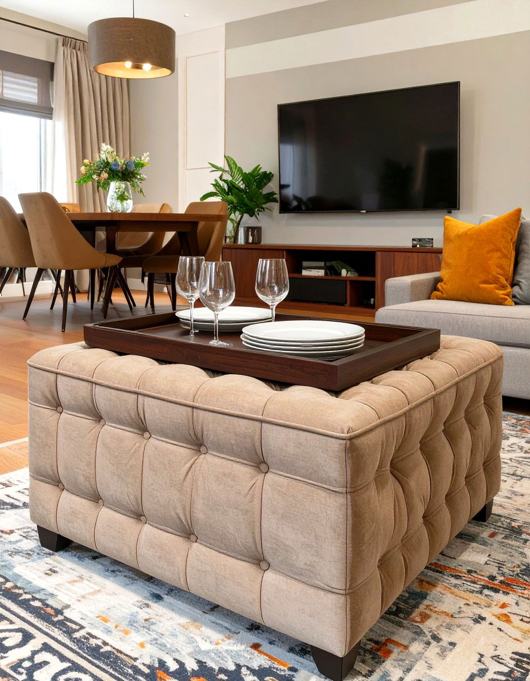 Using an Ottoman with a Tray as a Makeshift Dining Surface - 30 small living room ideas with tv and dining table