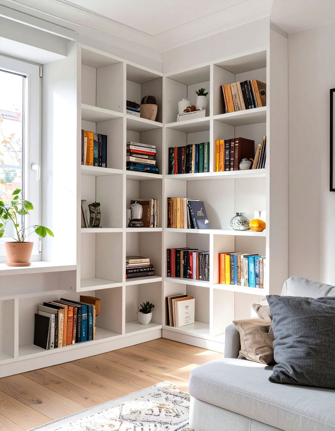 Utilize Corner Shelving - 30 tiny living room ideas