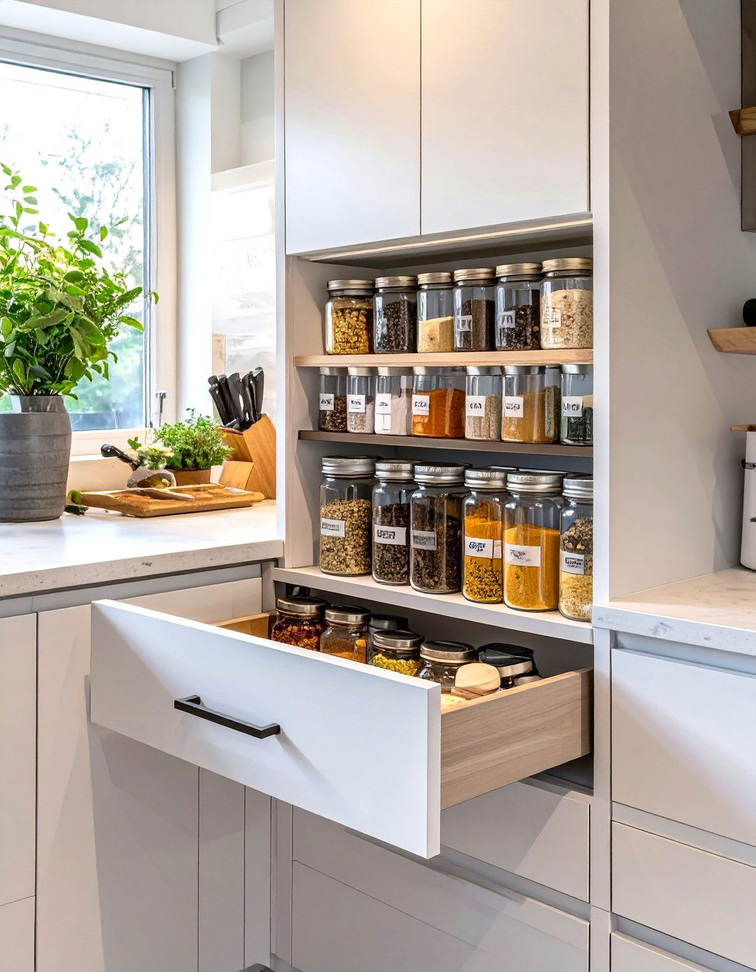 Utilize Narrow Pull Out Spice Racks - 30 small kitchen storage ideas