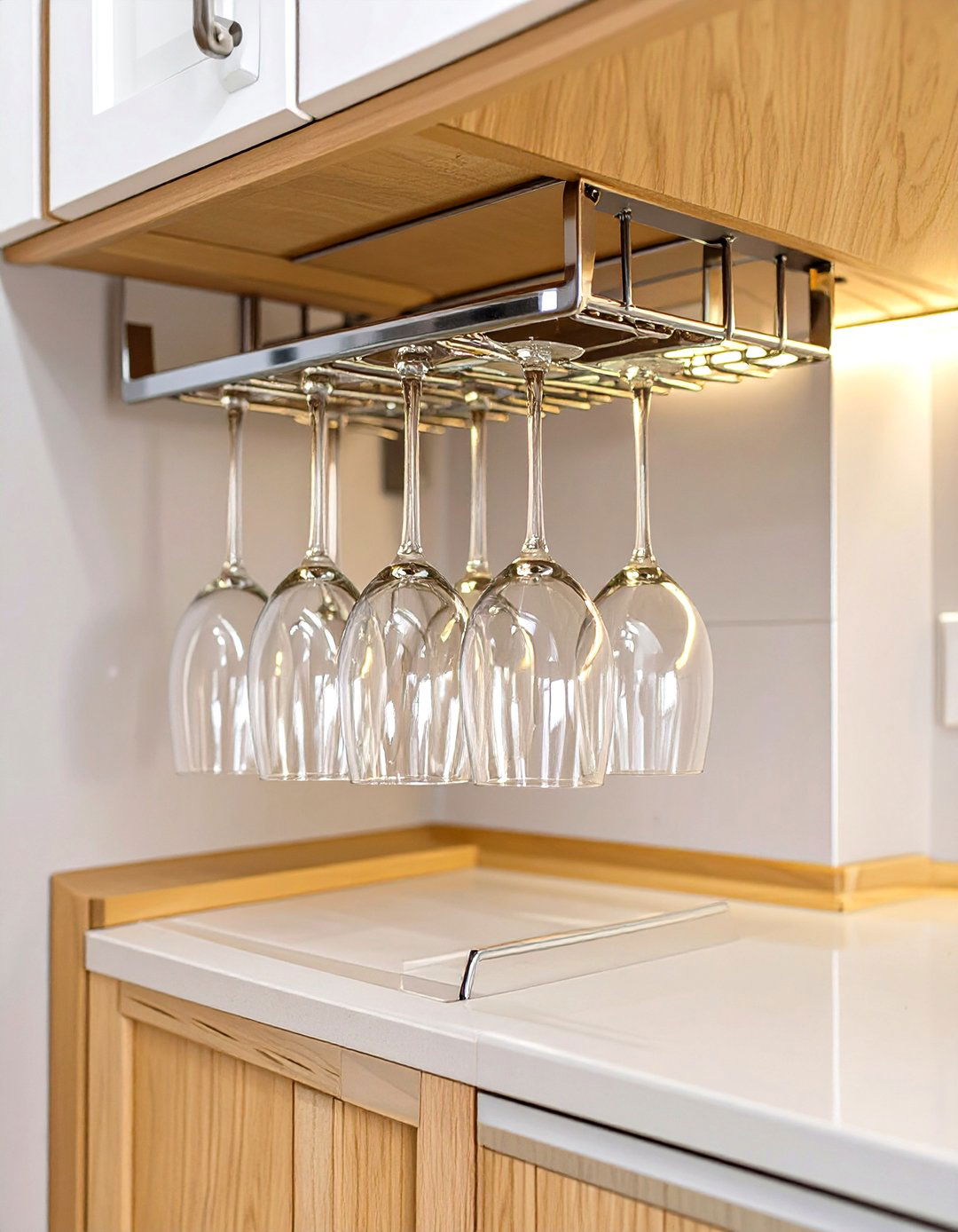 Utilize Under Cabinet Stemware Racks - 30 small kitchen storage ideas