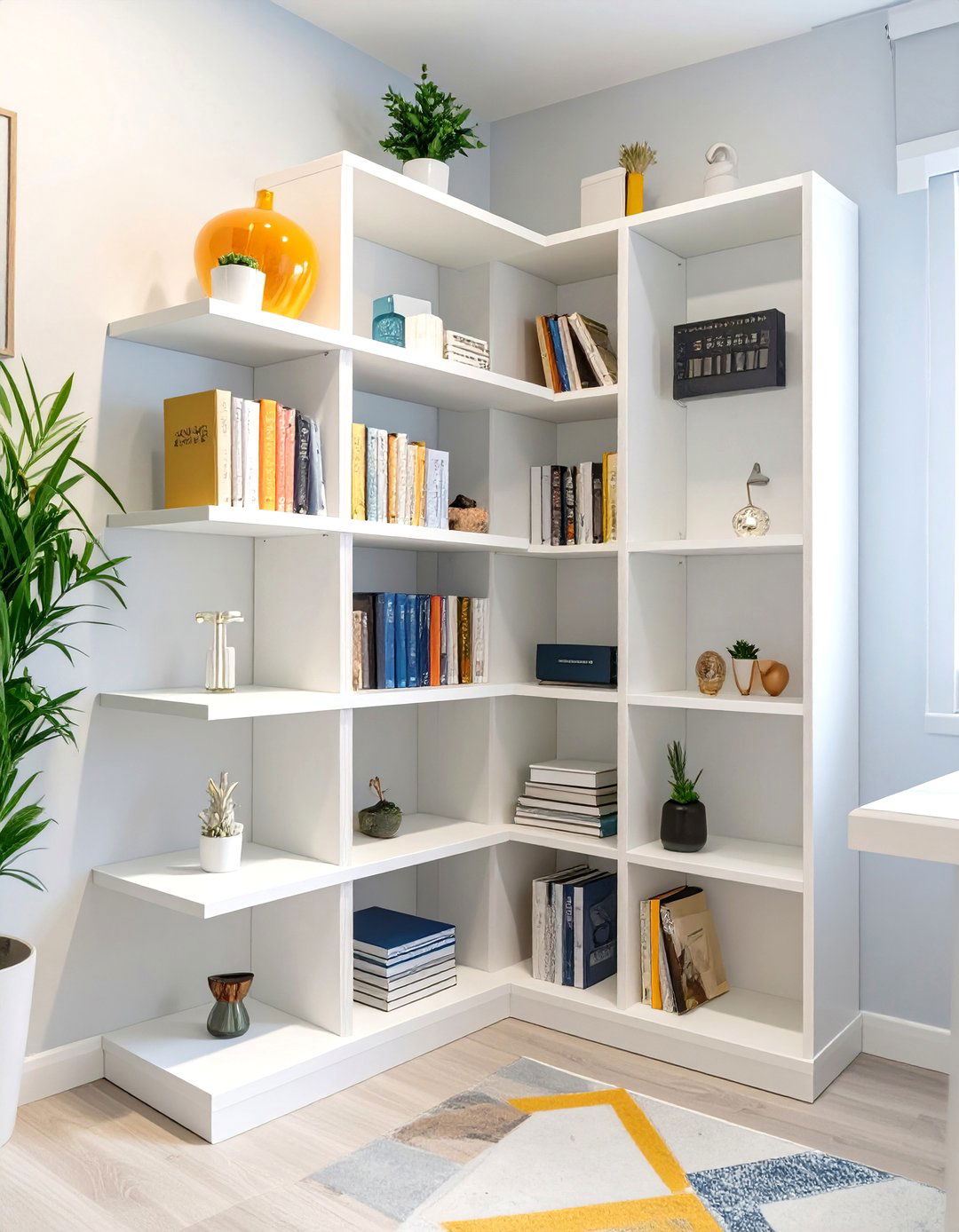 Utilizing Corner Shelving Units - 30 small office decor ideas for work