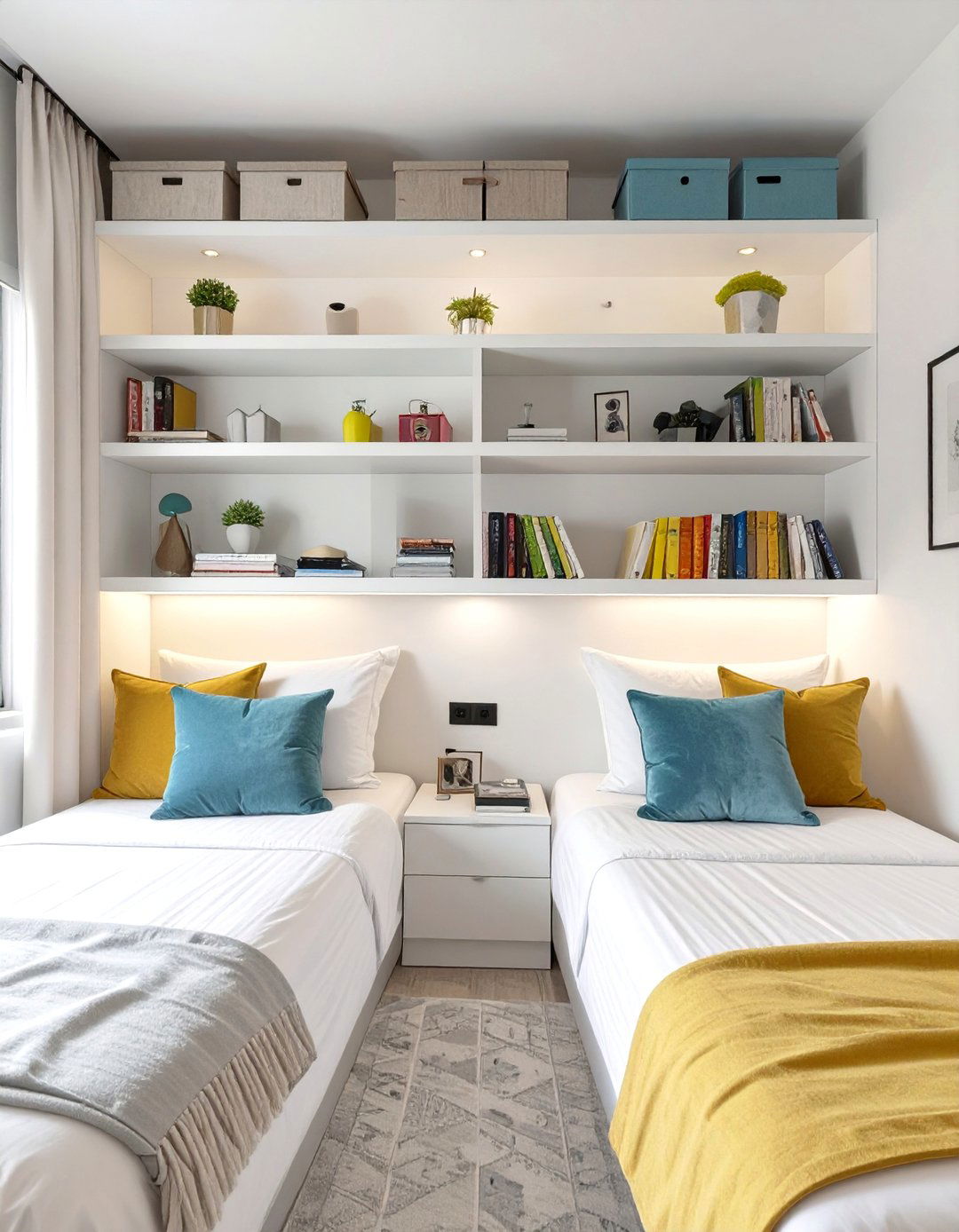 Utilizing High Wall Shelving - 30 twin bedroom ideas for small rooms