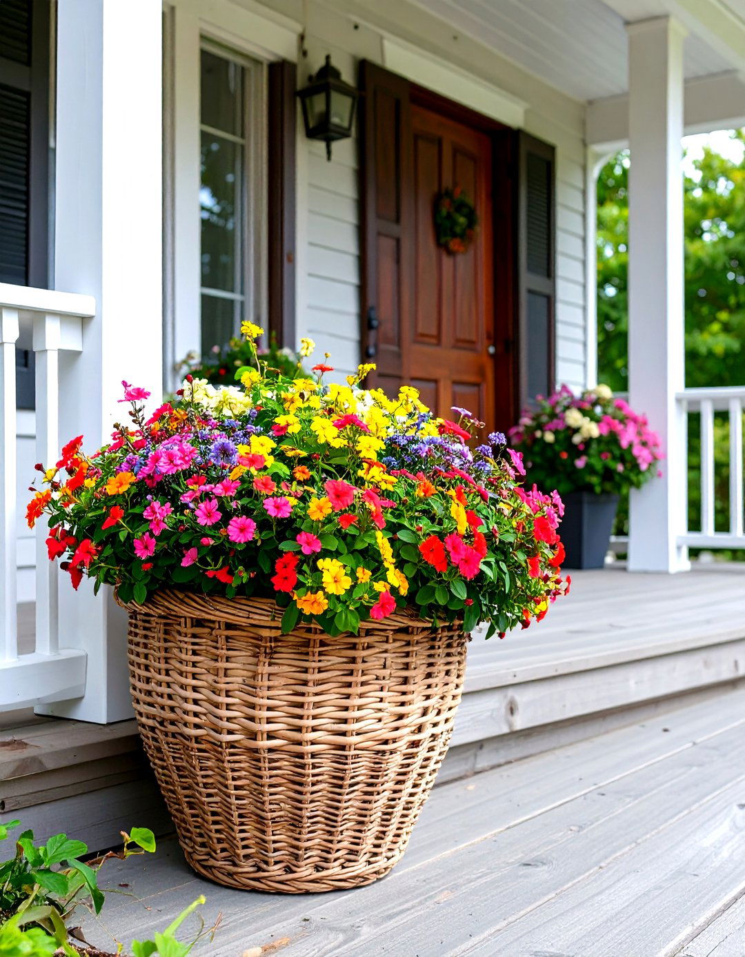 Utilizing Wicker Baskets for Plants and Storage - 30 rustic front porch decorating ideas