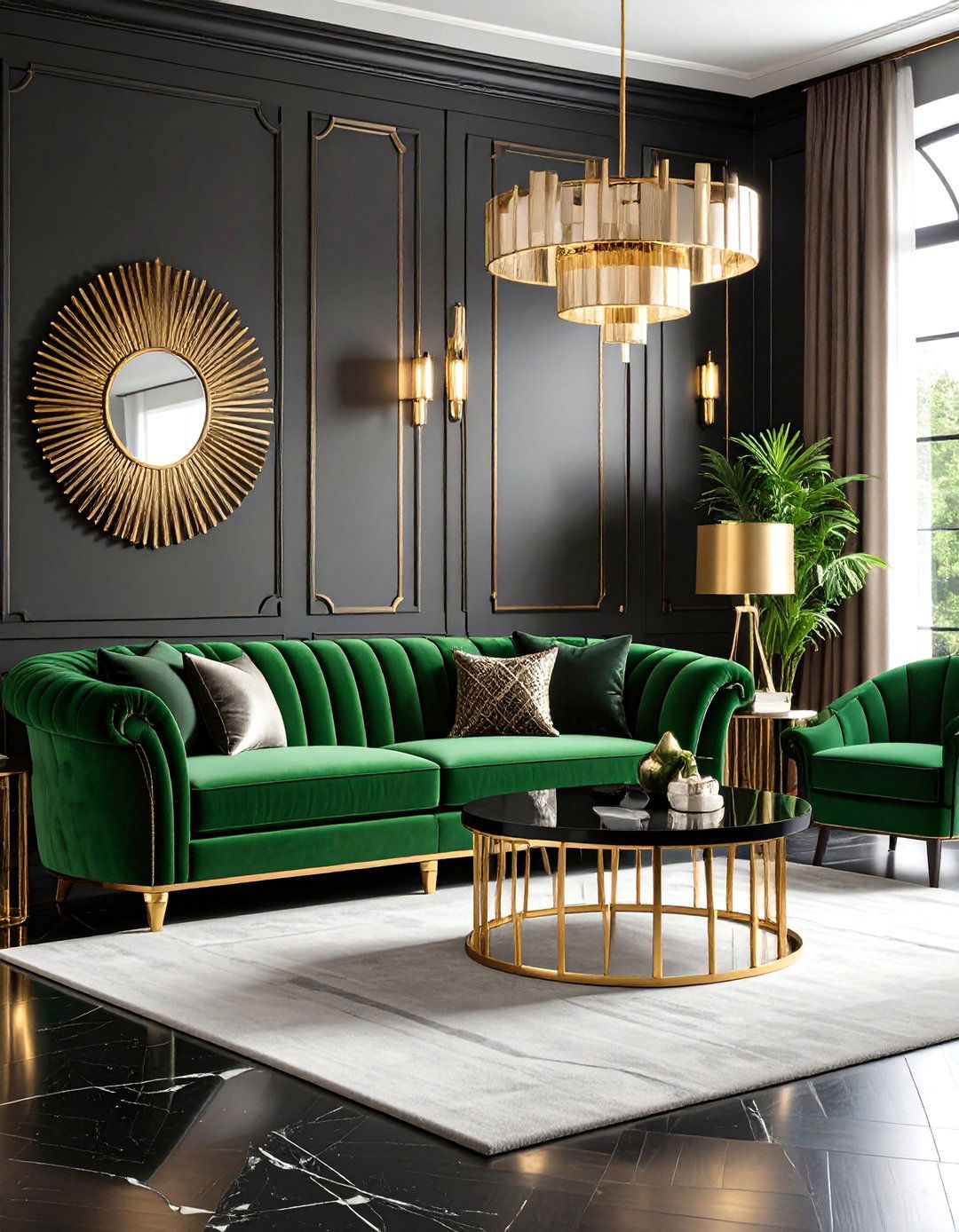 Velvet Green Sofa in an Art Deco Living Room - 30 green sofa living room ideas