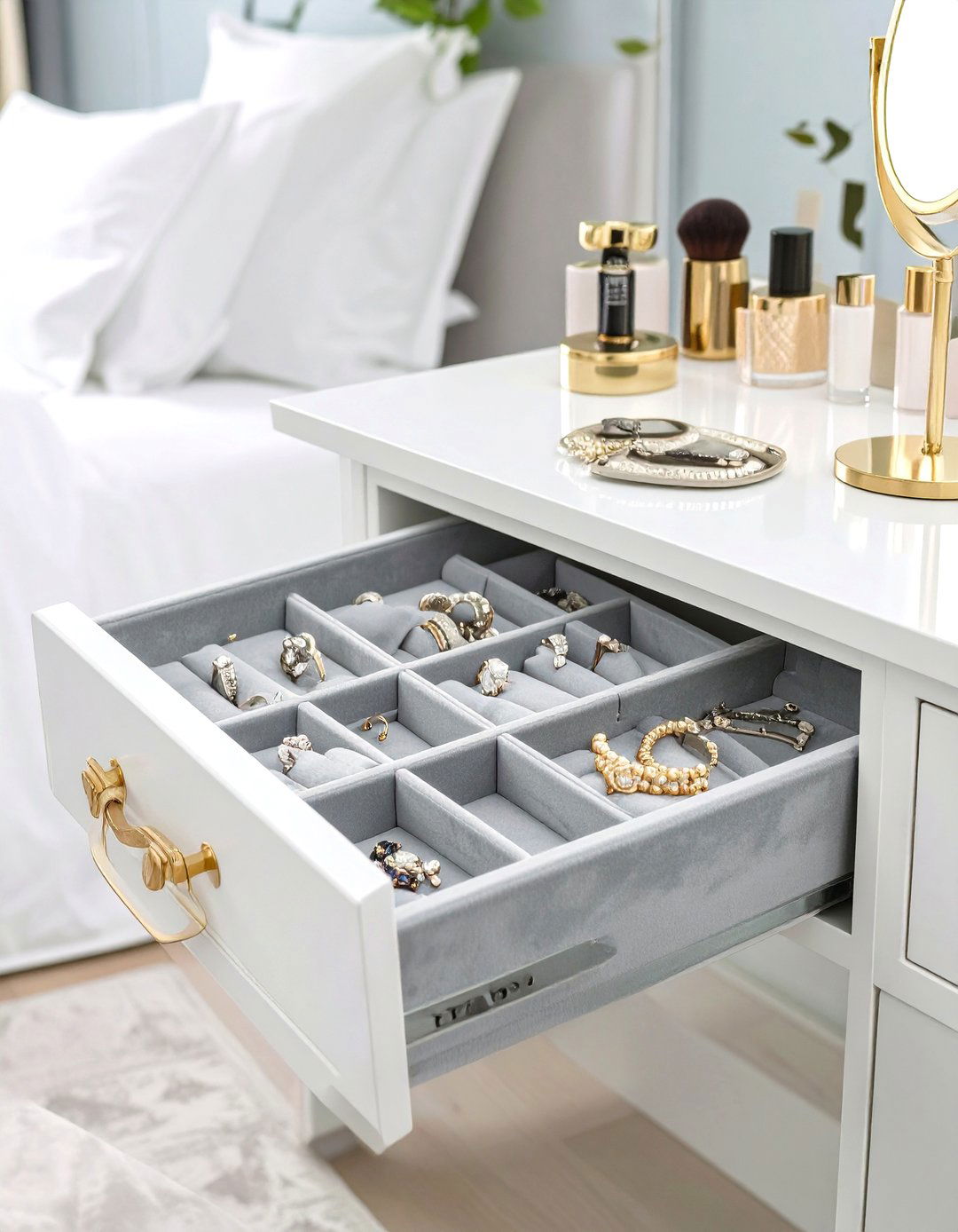 Velvet Lined Jewelry Drawer Inserts - 30 vanity organization ideas