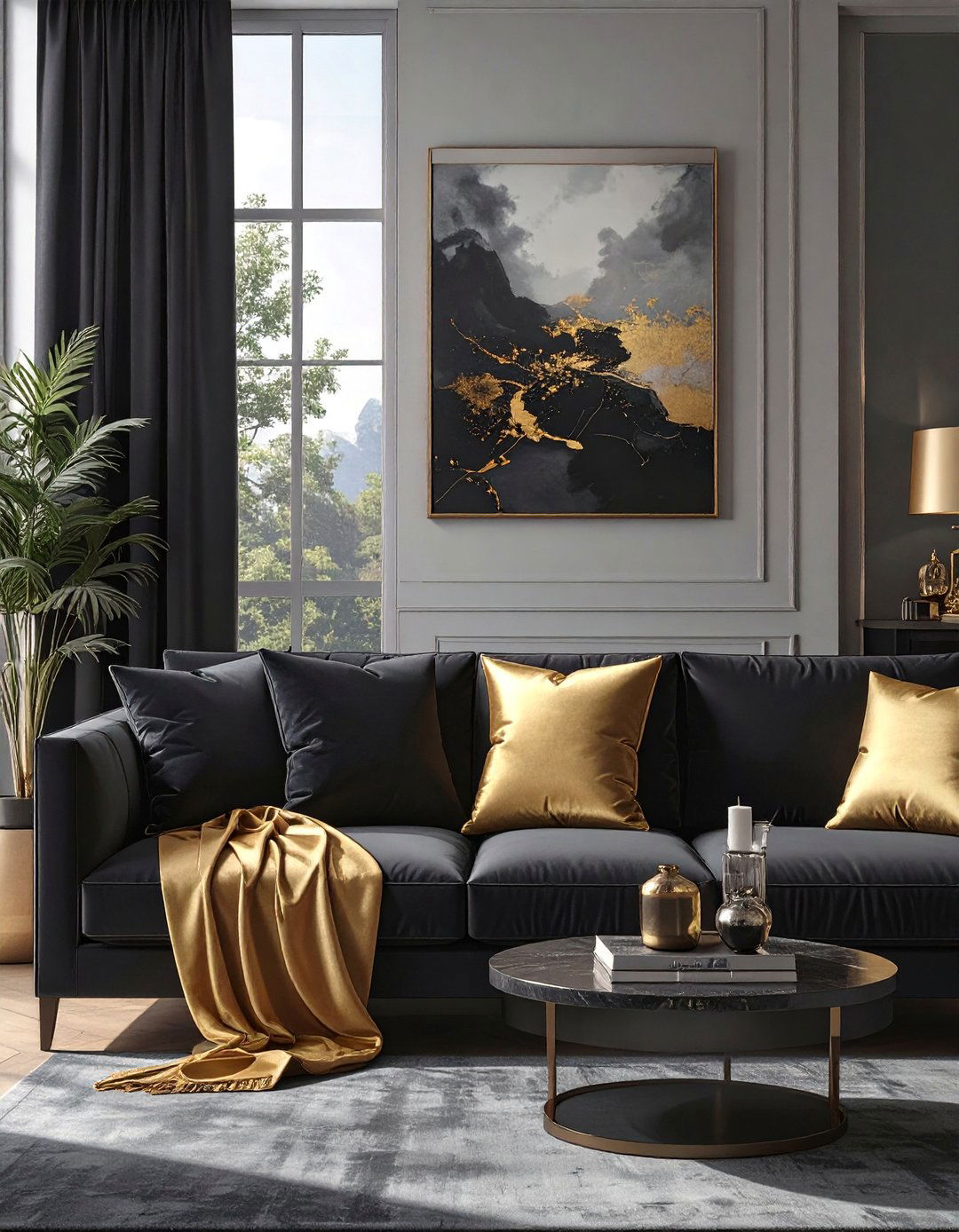 Velvet and Satin Living Room - 30 black and gold living room ideas
