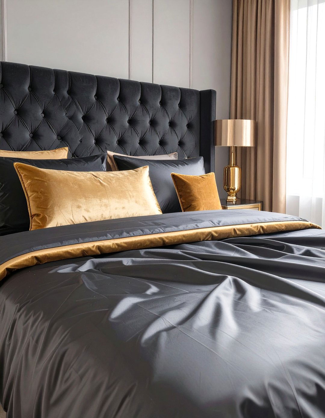 Velvet and Silk Textures - 30 black and gold bedroom ideas