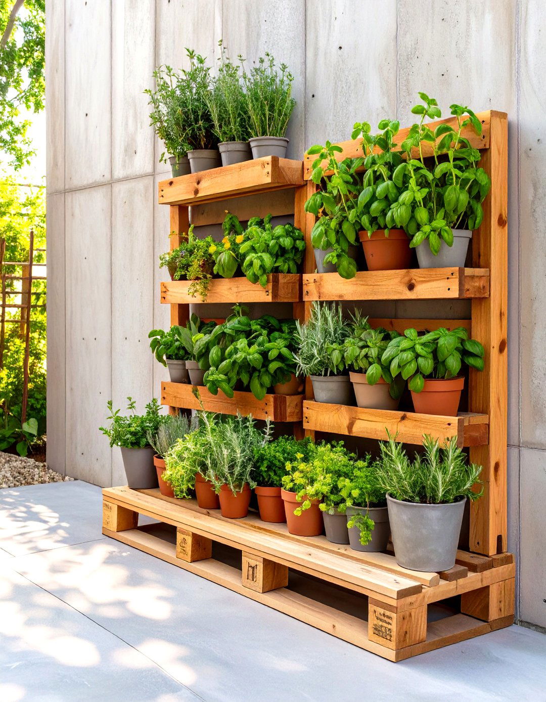 Vertical Herb Garden Wall - 30 concrete patio ideas on a budget
