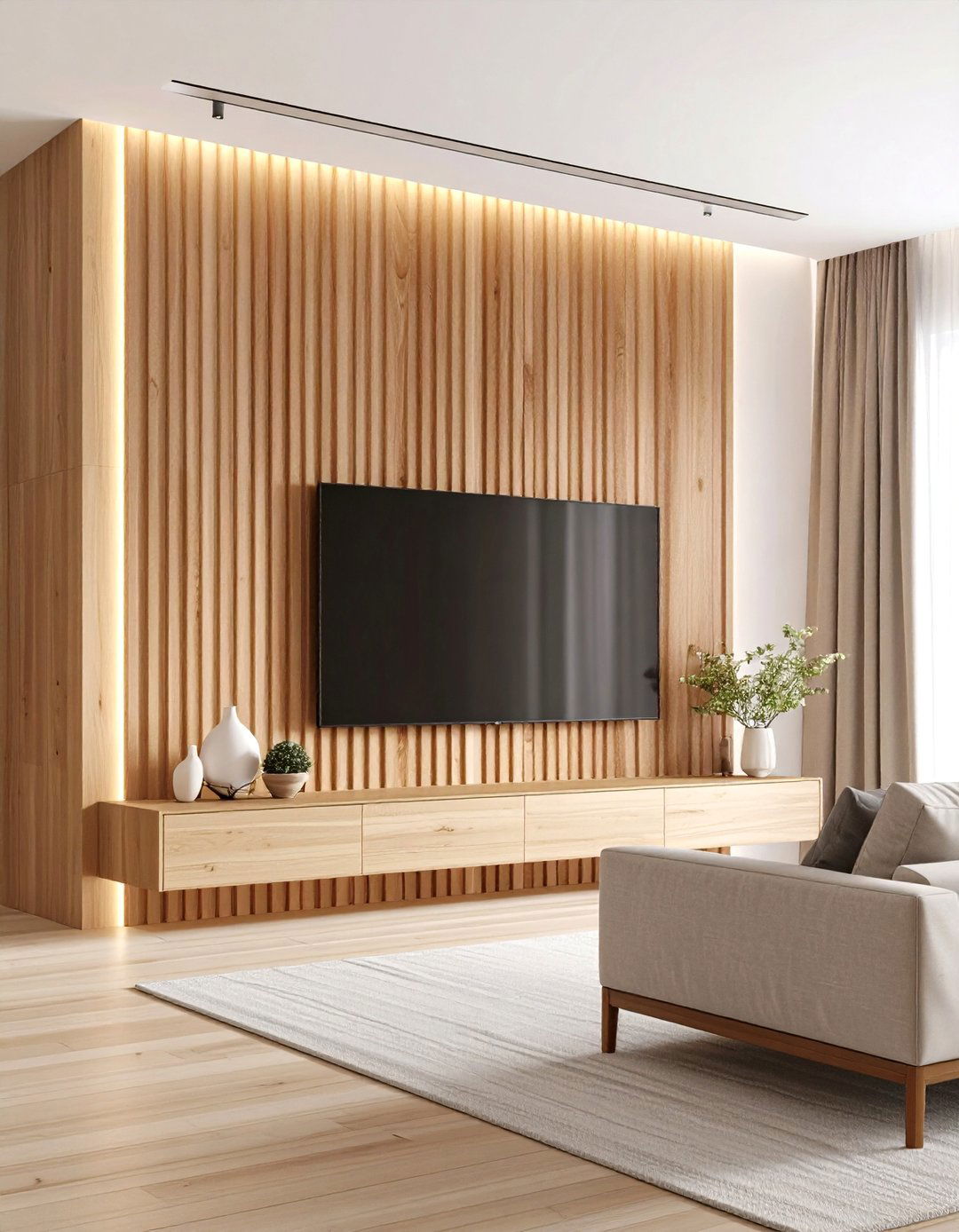 Vertical Wood Slat Wall - 30 accent wall behind tv ideas