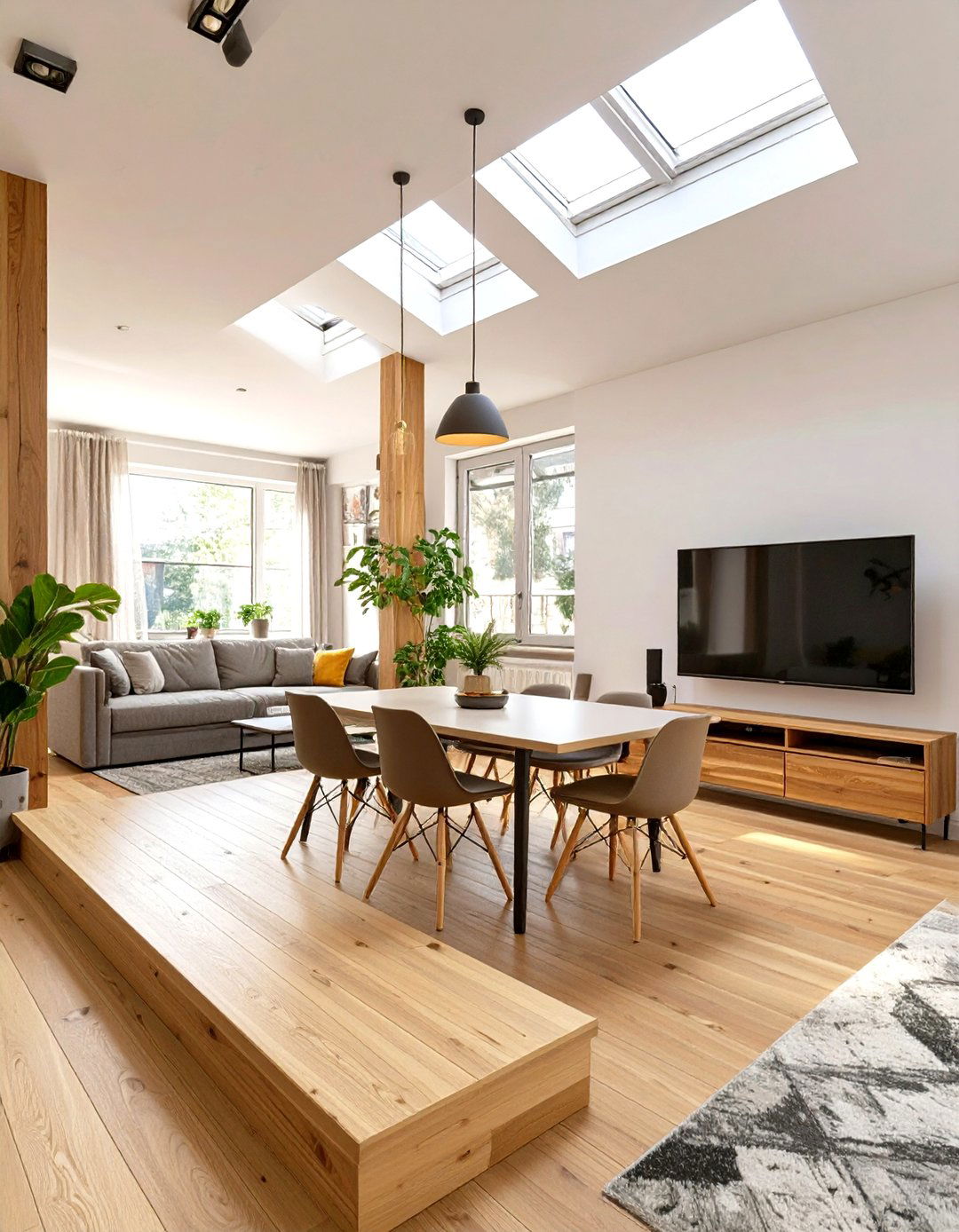 Vertical Zoning with a Raised Dining Platform - 30 small living room ideas with tv and dining table