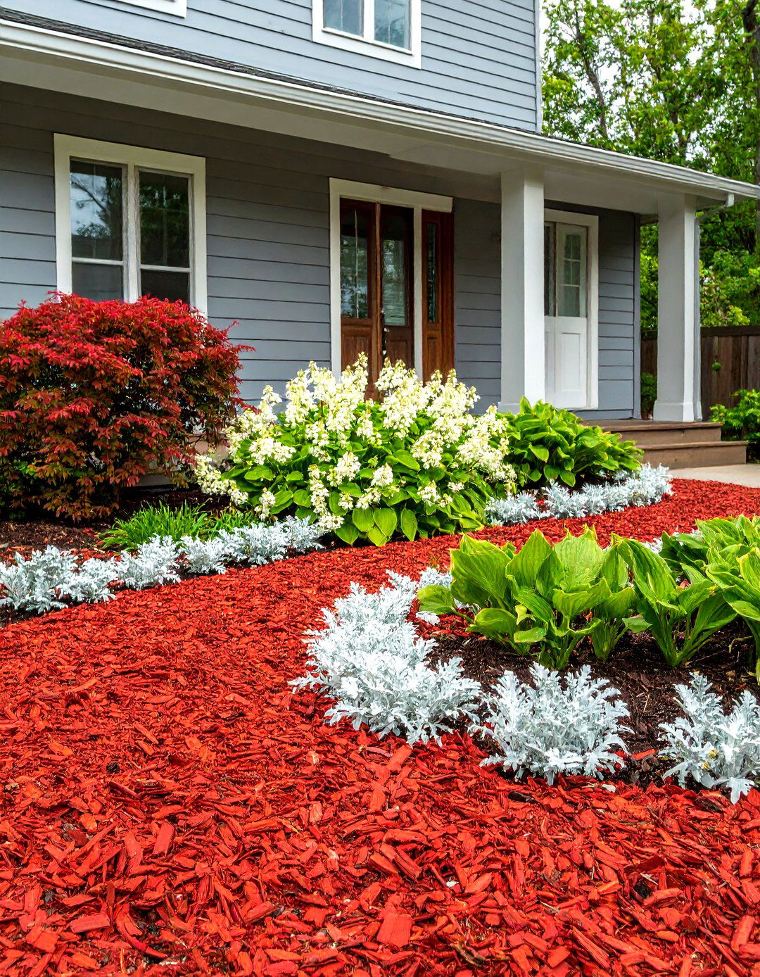 Vibrant Red Mulch Contrast - 30 front yard mulch ideas