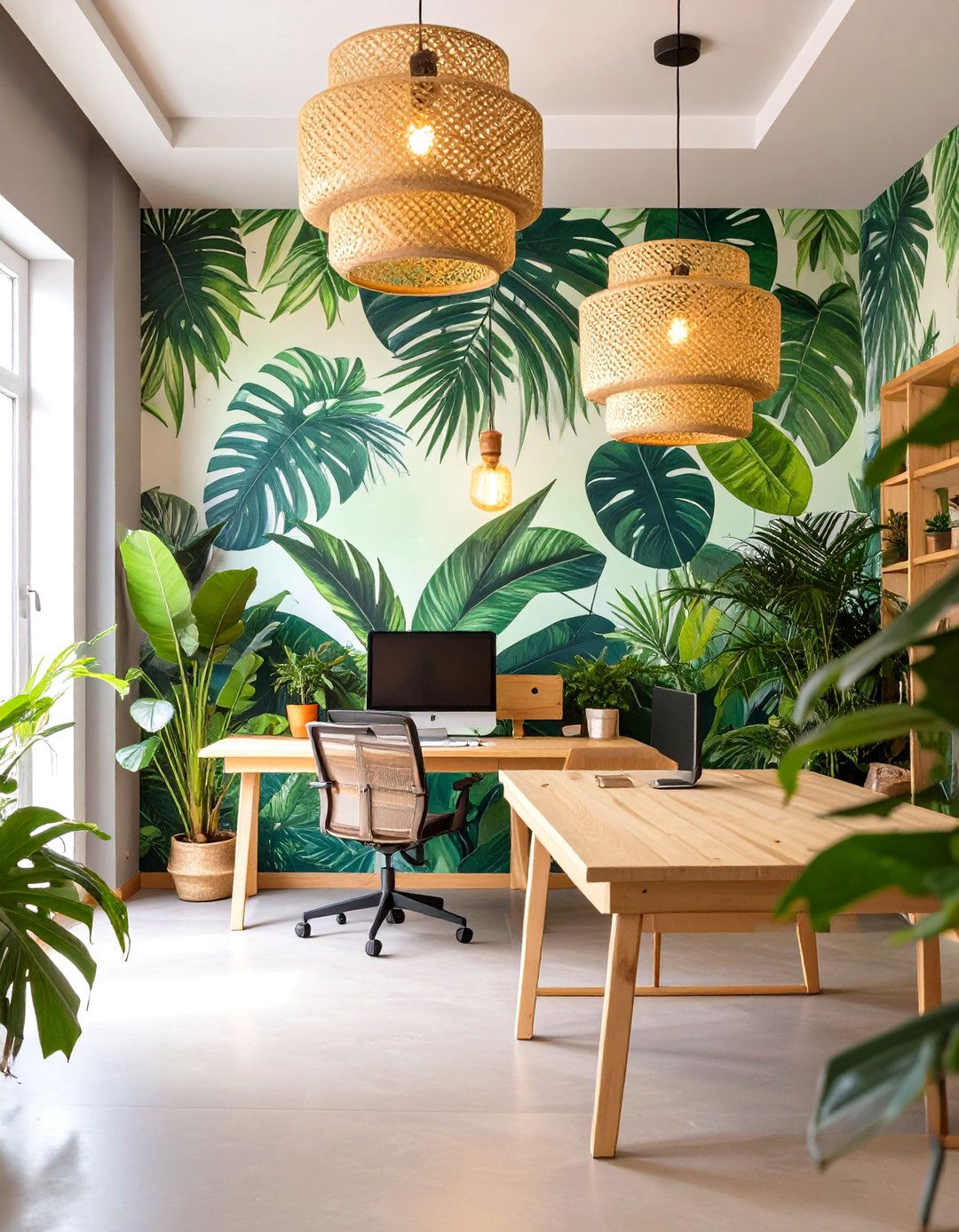 Vibrant Tropical Leaf Print Office Wallpaper - 30 office wallpaper ideas