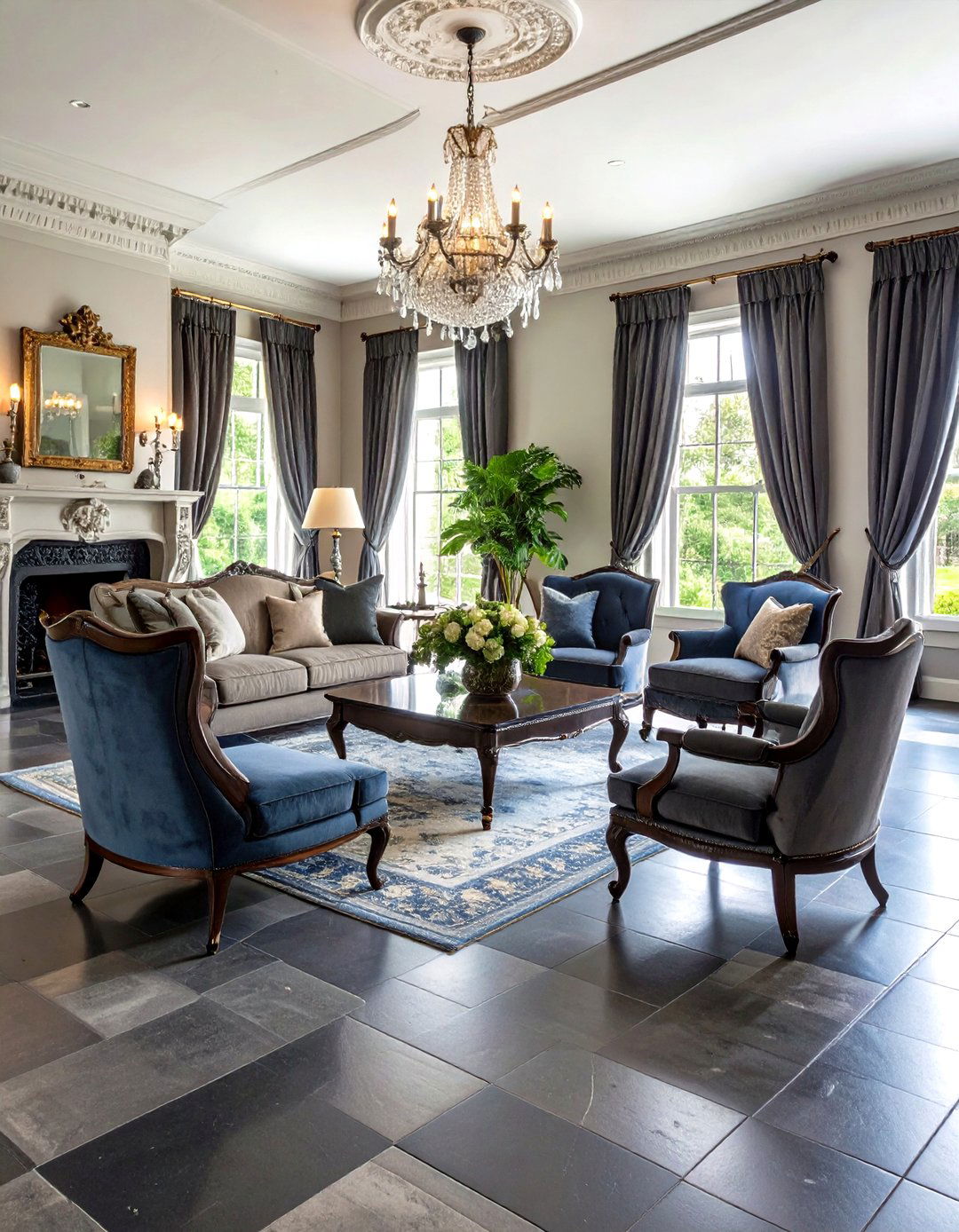Victorian Living Room with Dark Grey and Black Checkered Floors - 30 grey flooring living room ideas