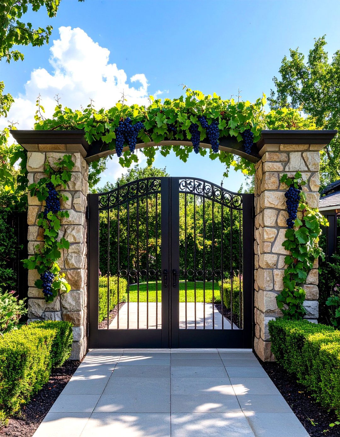 Vineyard Inspired Wrought Iron Gate - 30 backyard gate ideas