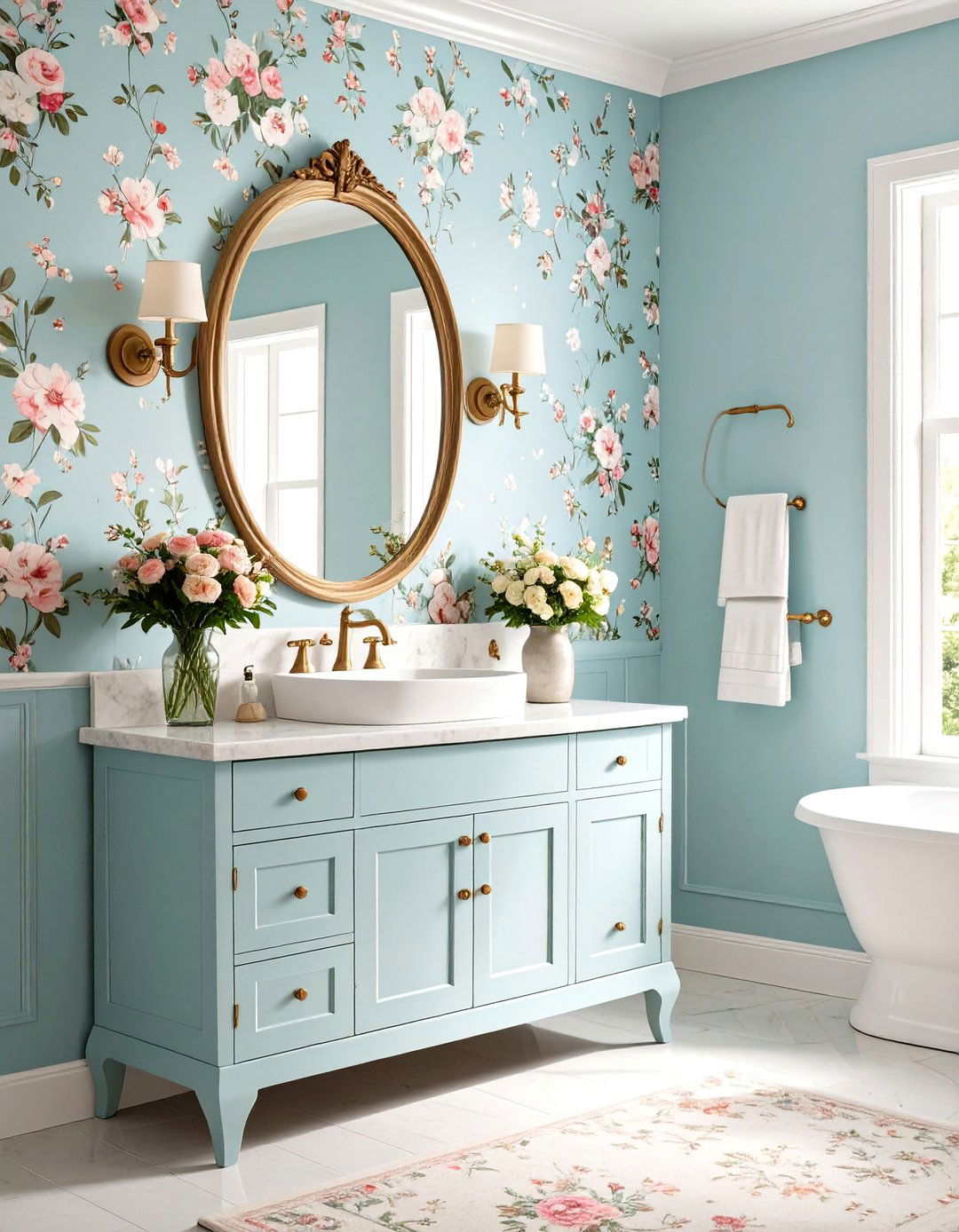 Vintage Floral Wallpaper Bathroom - 30 light blue bathroom ideas