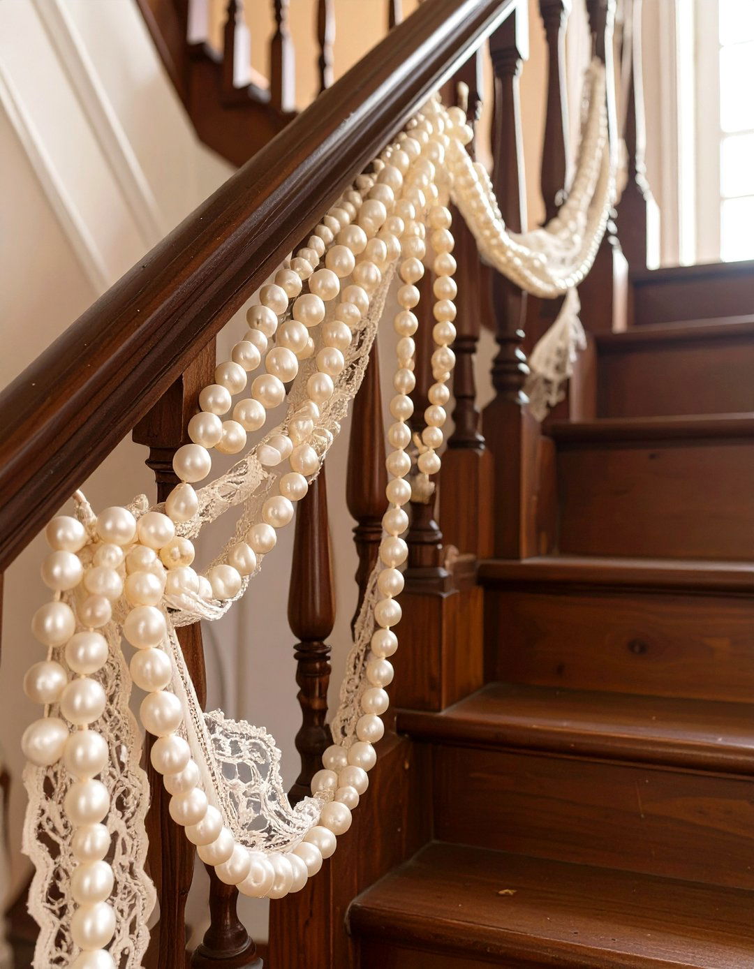 Vintage Inspired Pearl and Lace Garland - 30 garland on stairs ideas