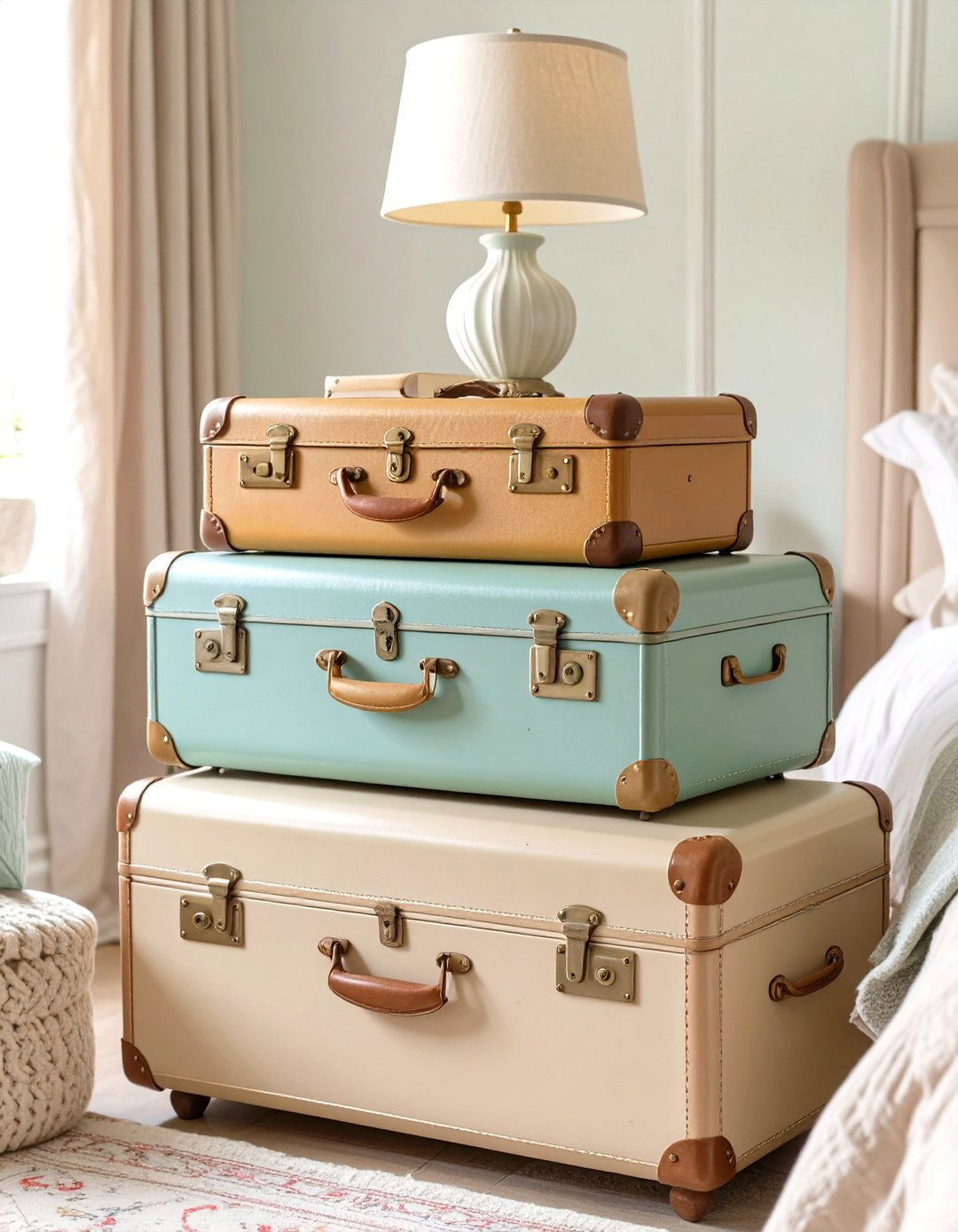 Vintage Luggage Stack as a Side Table - 30 vintage bedroom ideas