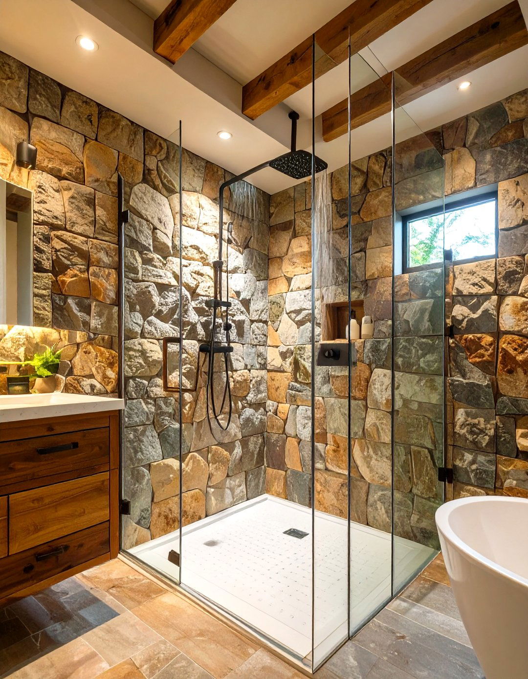 Walk In Rustic Shower with No Door - 30 rustic shower ideas
