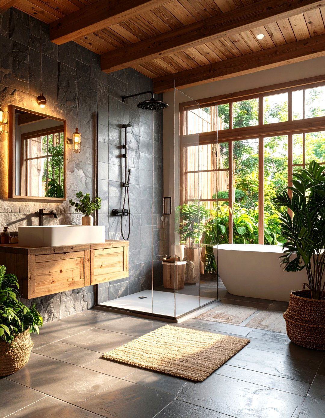 Walk In Shower with Slate Tile - 30 rustic bathroom ideas