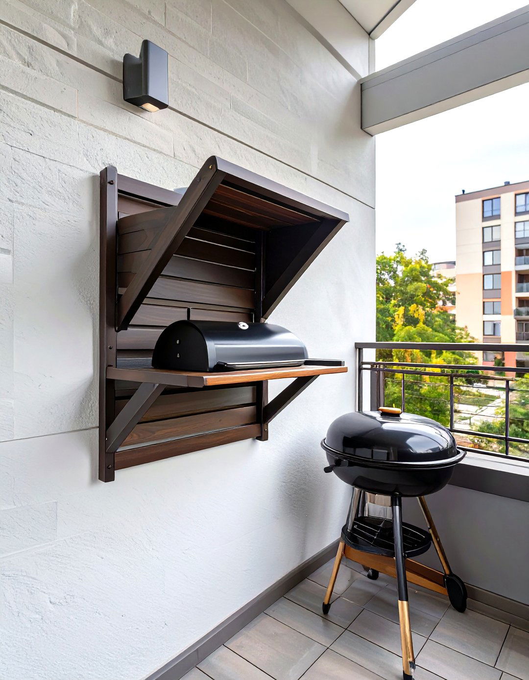 Wall Mounted Fold Down BBQ Shelf - 30 small outdoor bbq area ideas