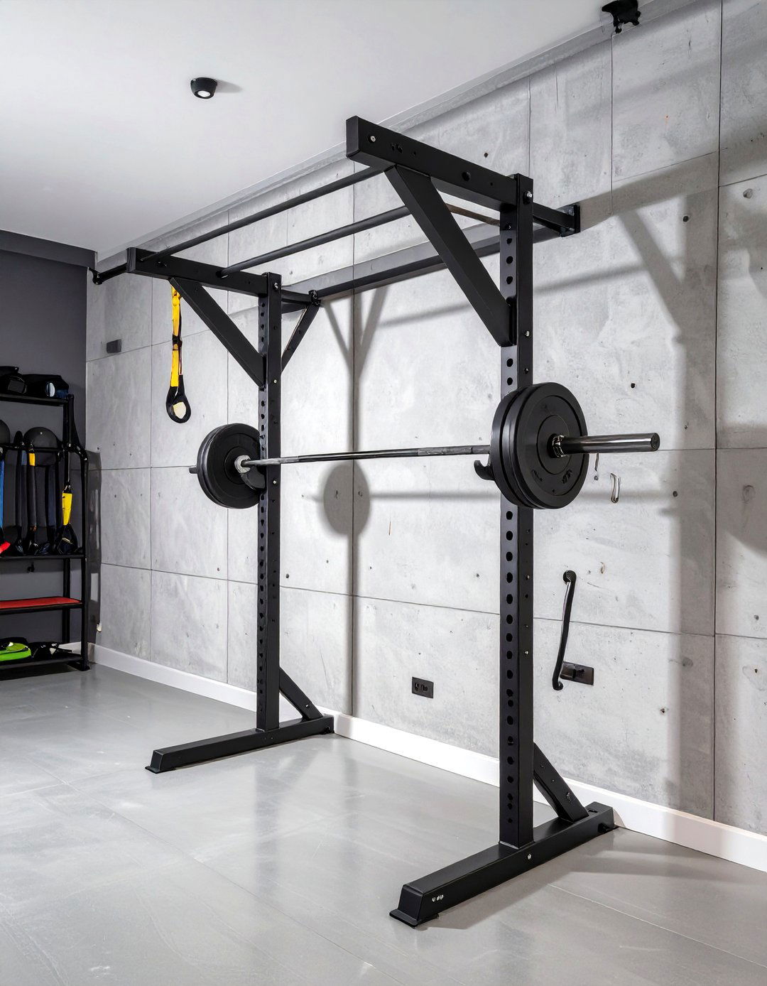 Wall Mounted Foldable Squat Rack in a Small Garage Gym - 30 small garage gym ideas