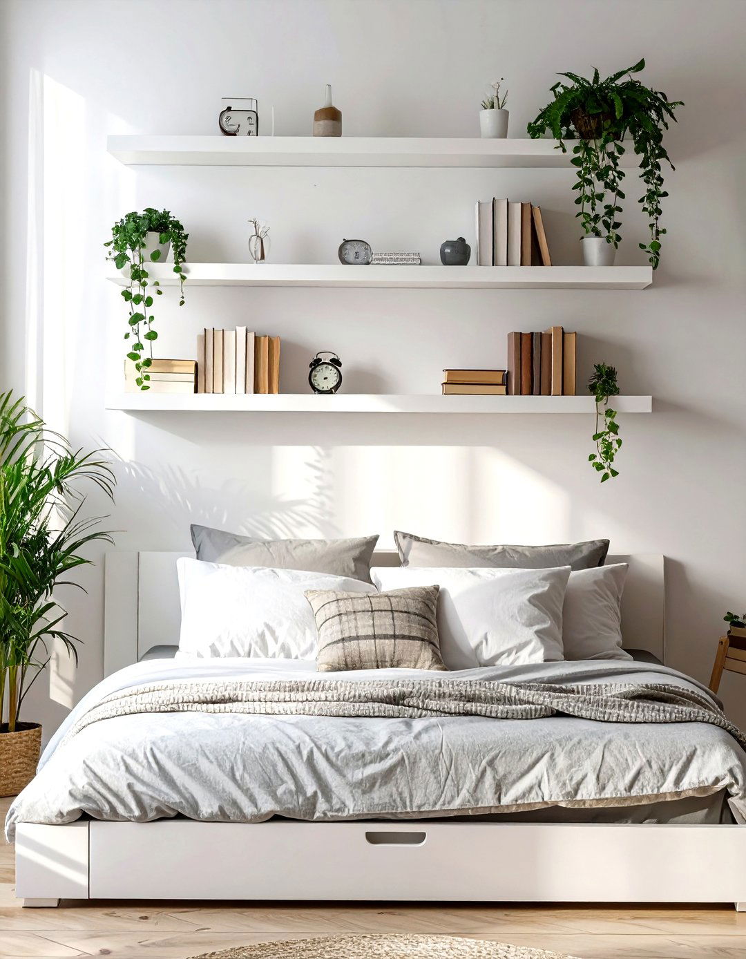 Wall Mounted IKEA LACK Shelves Above the Bed - 30 small bedroom storage ideas ikea