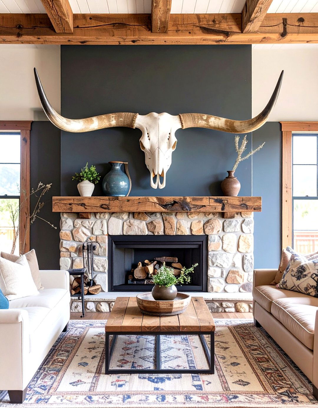 Wall Mounted Longhorn Skulls - 30 western living room ideas