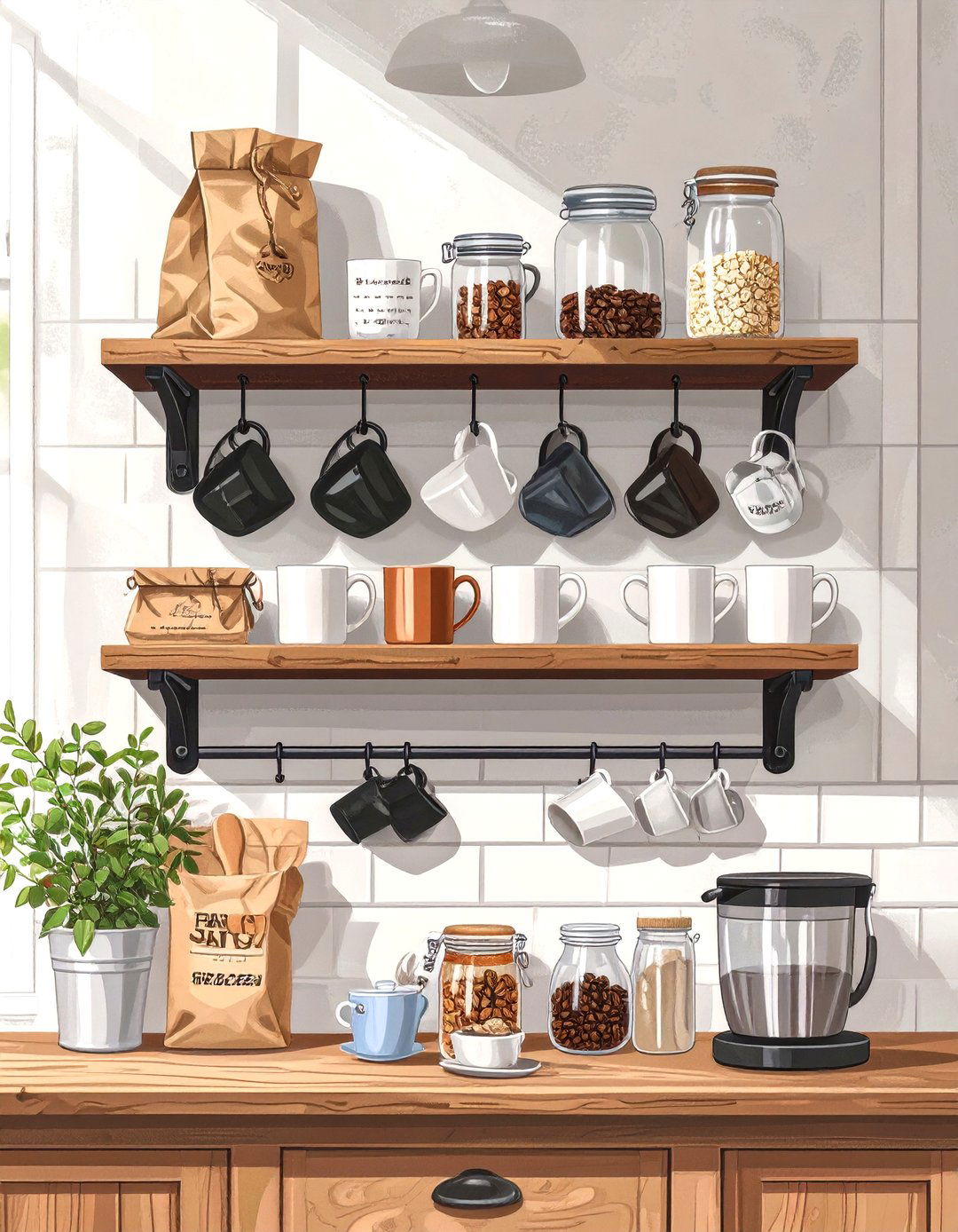 Wall Mounted Mug Holder with Shelf - 30 small kitchen shelf ideas