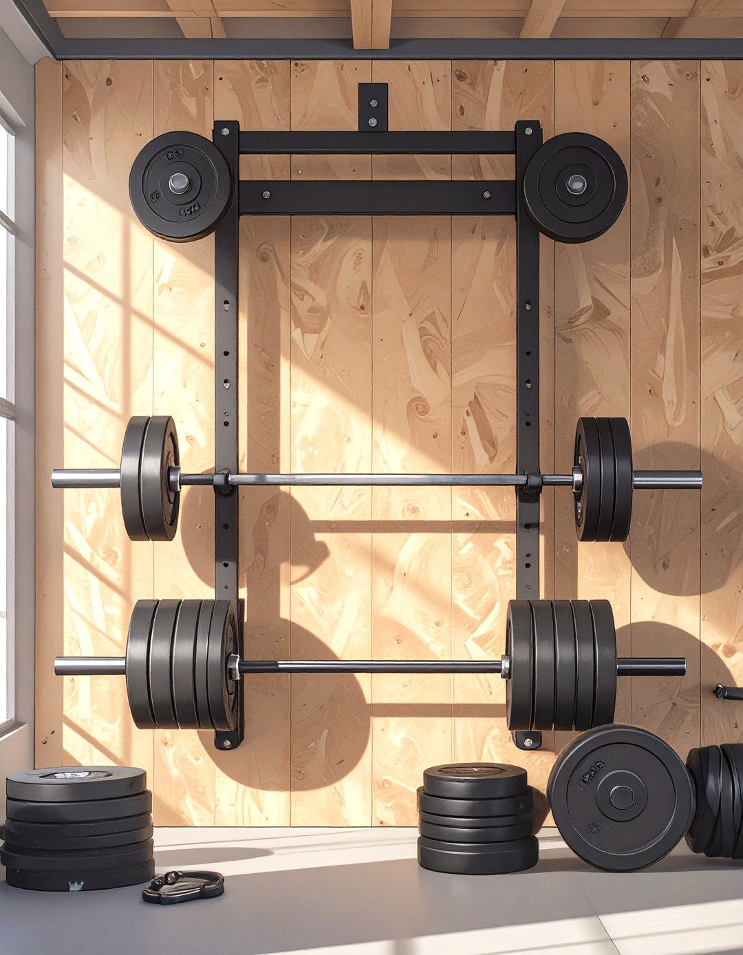 Wall Mounted Plate and Barbell Storage in a Small Garage Gym - 30 small garage gym ideas