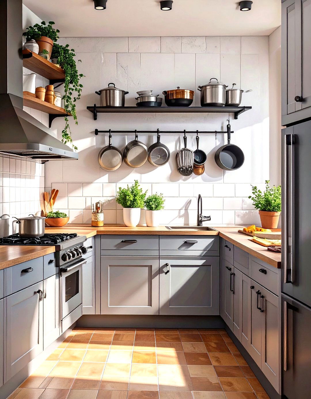 Wall Mounted Pot Rack - 30 small galley kitchen ideas on a budget