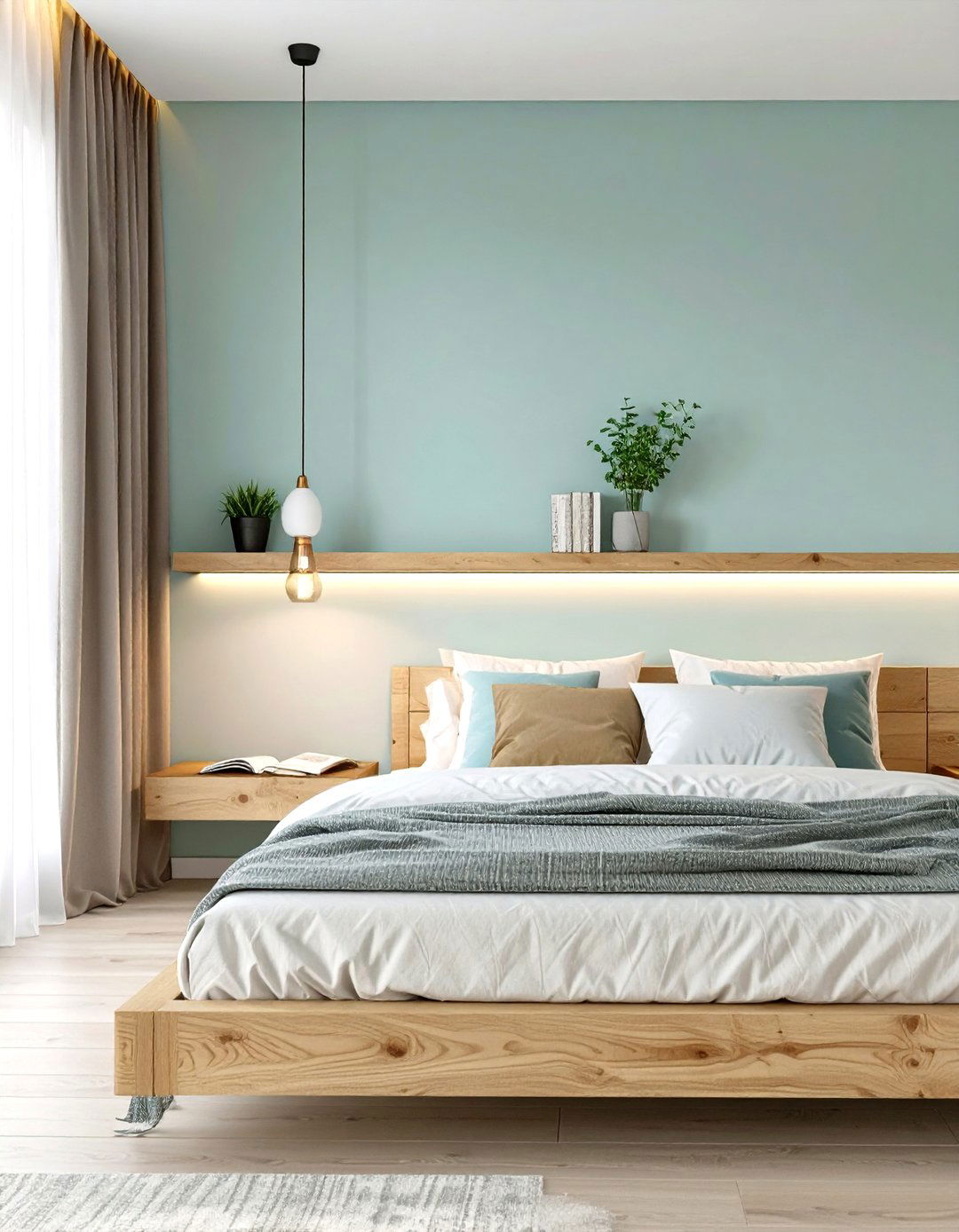 Wall Mounted Shelving Instead of a Bedside Table - 30 simple bedroom ideas