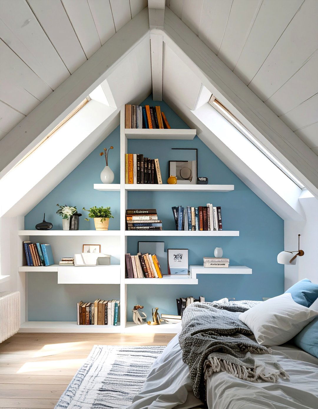 Wall Mounted Shelving for Vertical Storage - 30 slanted ceiling low ceiling attic bedroom ideas