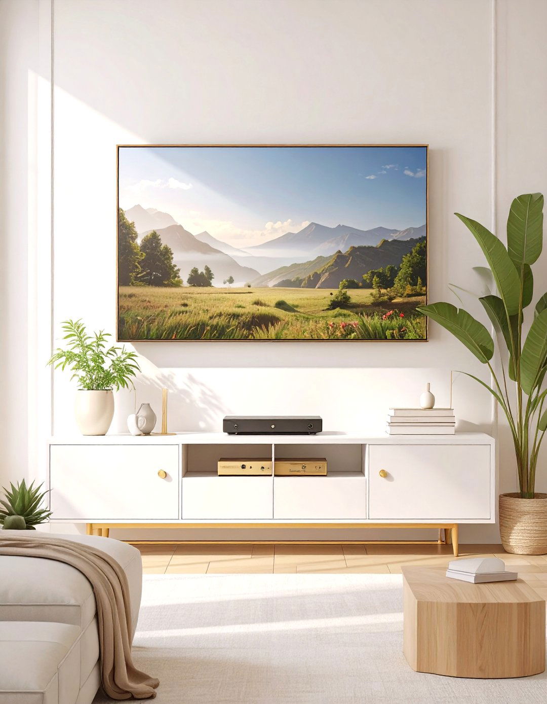 Wall Mounted TV Above a Low Profile Console - 30 simple small living room ideas with tv