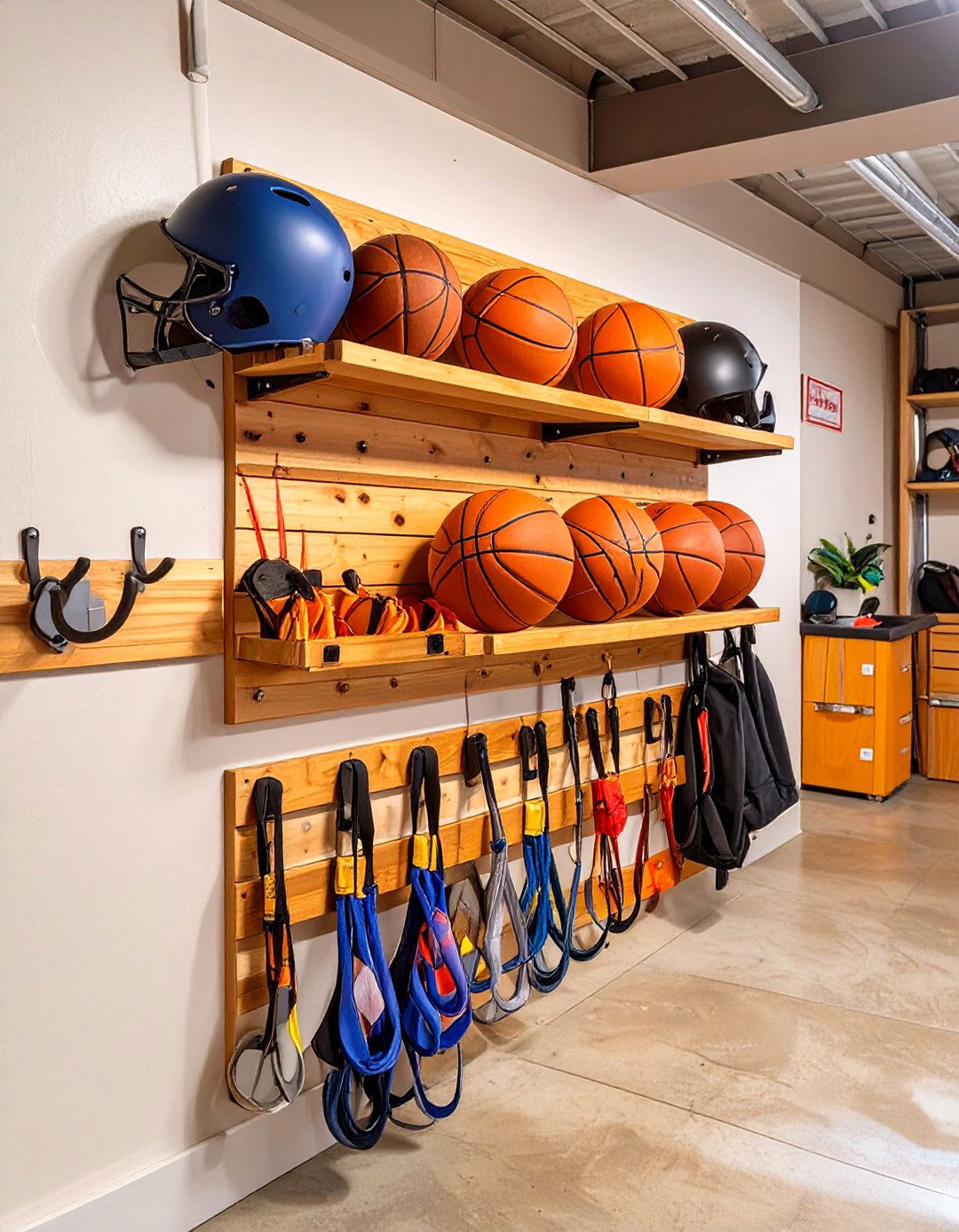 Wall Mounted Wood Sports Equipment Holder - 30 wood garage storage ideas