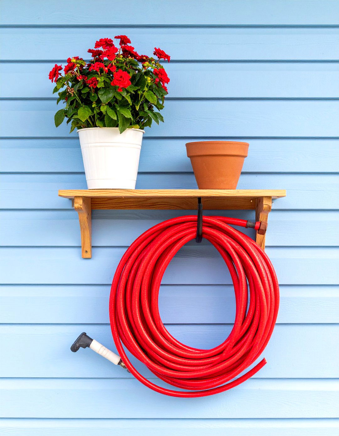 Wall Mounted Wooden Hose Hanger Shelf - 30 garden hose storage ideas
