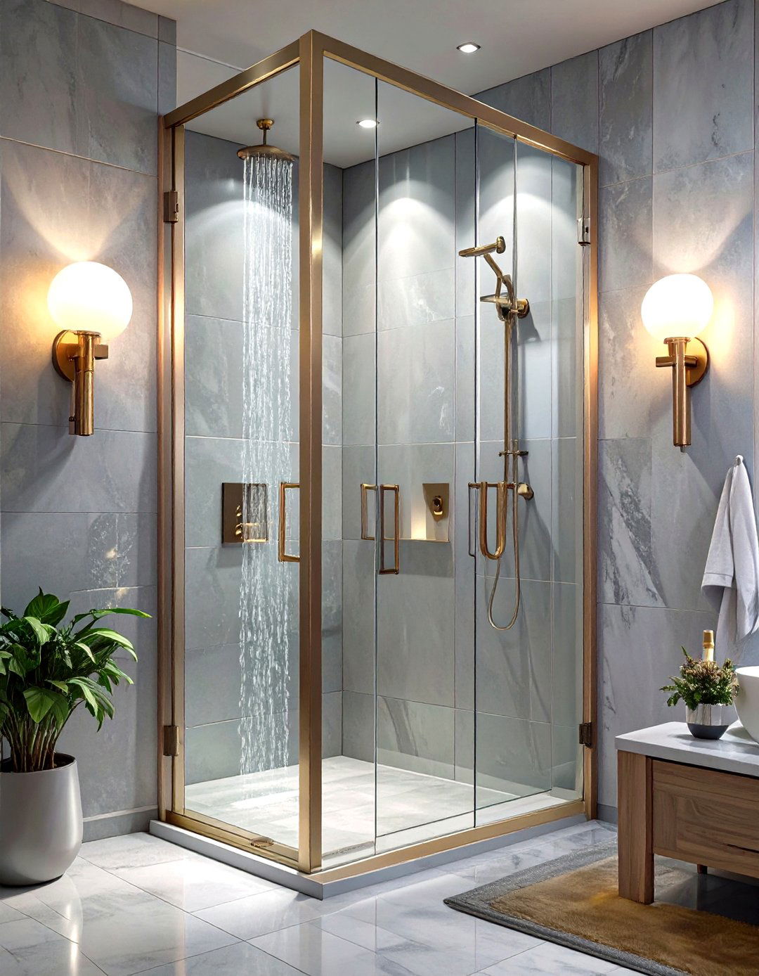 Wall Sconces Flanking a Glass Shower - 30 shower lighting ideas